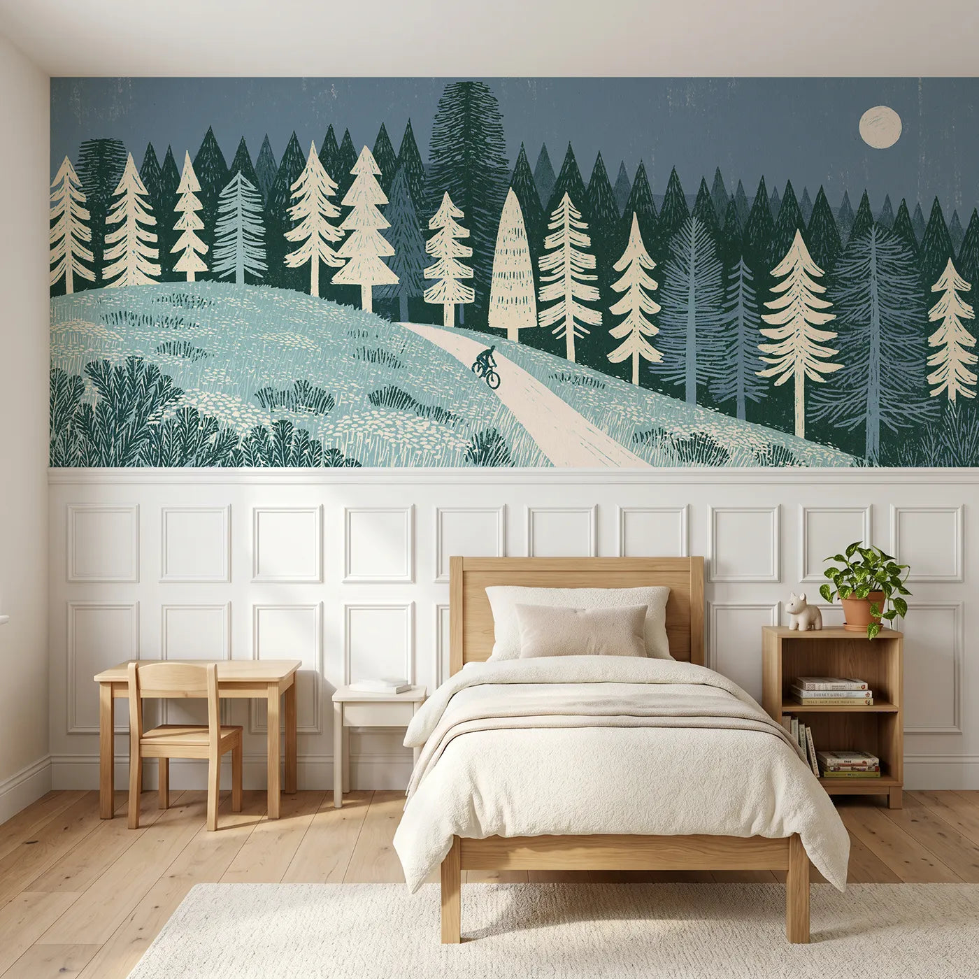 Block print wainscoting wallpaper of the ride at moonrise by Whimsy Tots