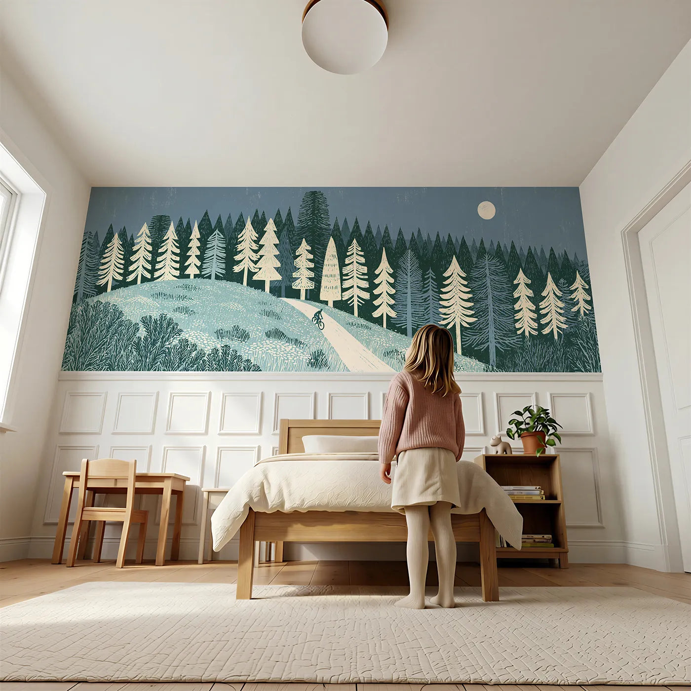 Child reading near The Ride At Moonrise Wainscoting Wallpaper by Whimsy Tots