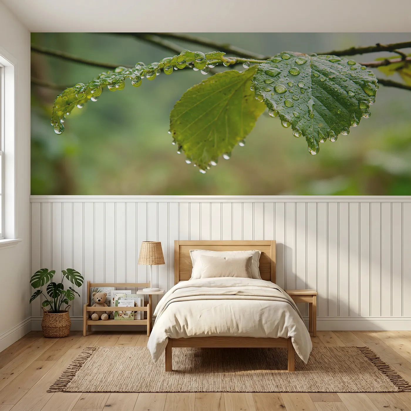 Watercolor wainscoting wallpaper of droplets on the hazel leaf by Whimsy Tots
