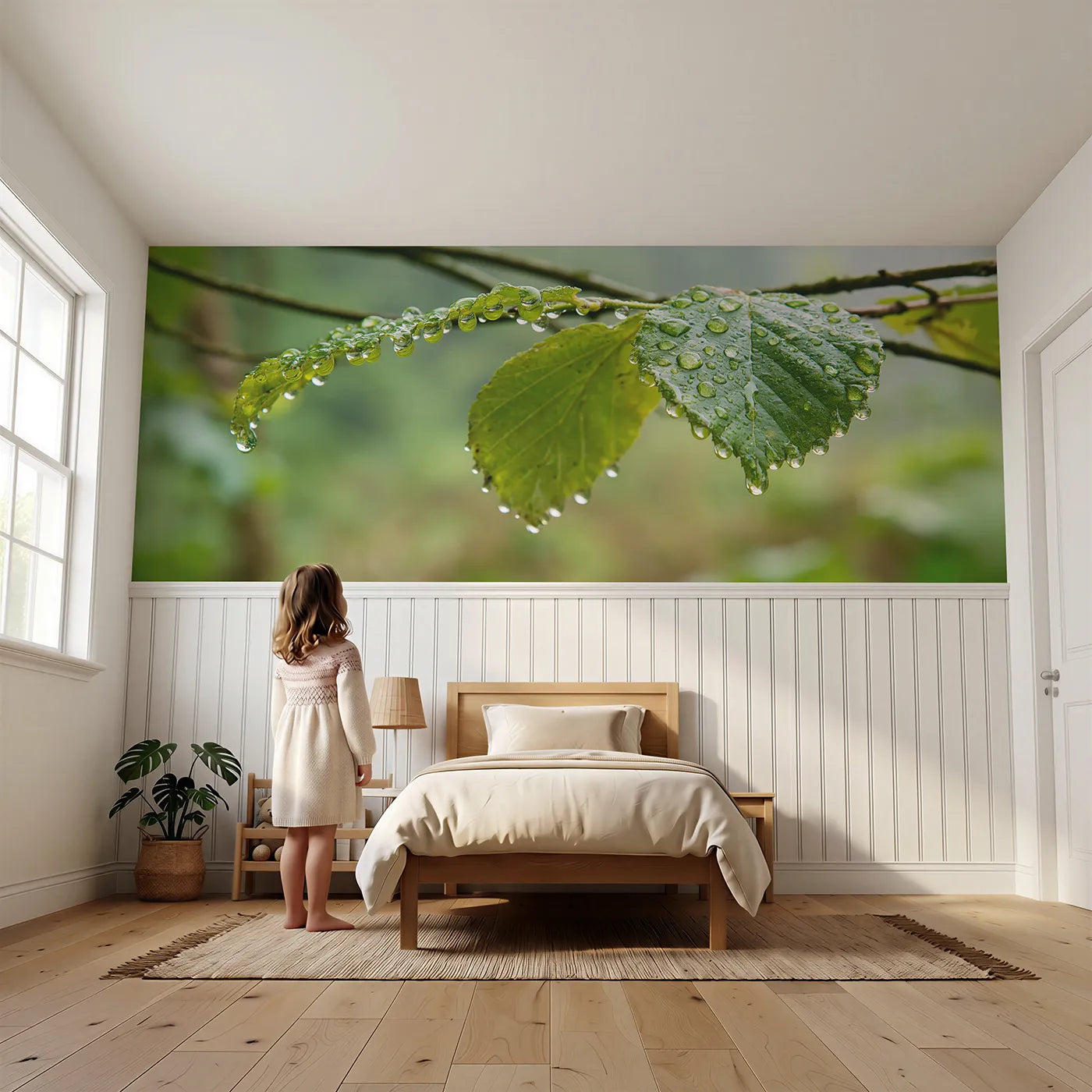Child reading near Droplets On The Hazel Leaf Wainscoting Wallpaper by Whimsy Tots