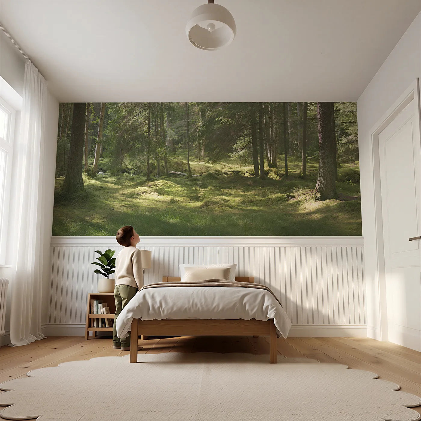 Child reading near Wandering Pools Of Light Wainscoting Wallpaper by Whimsy Tots