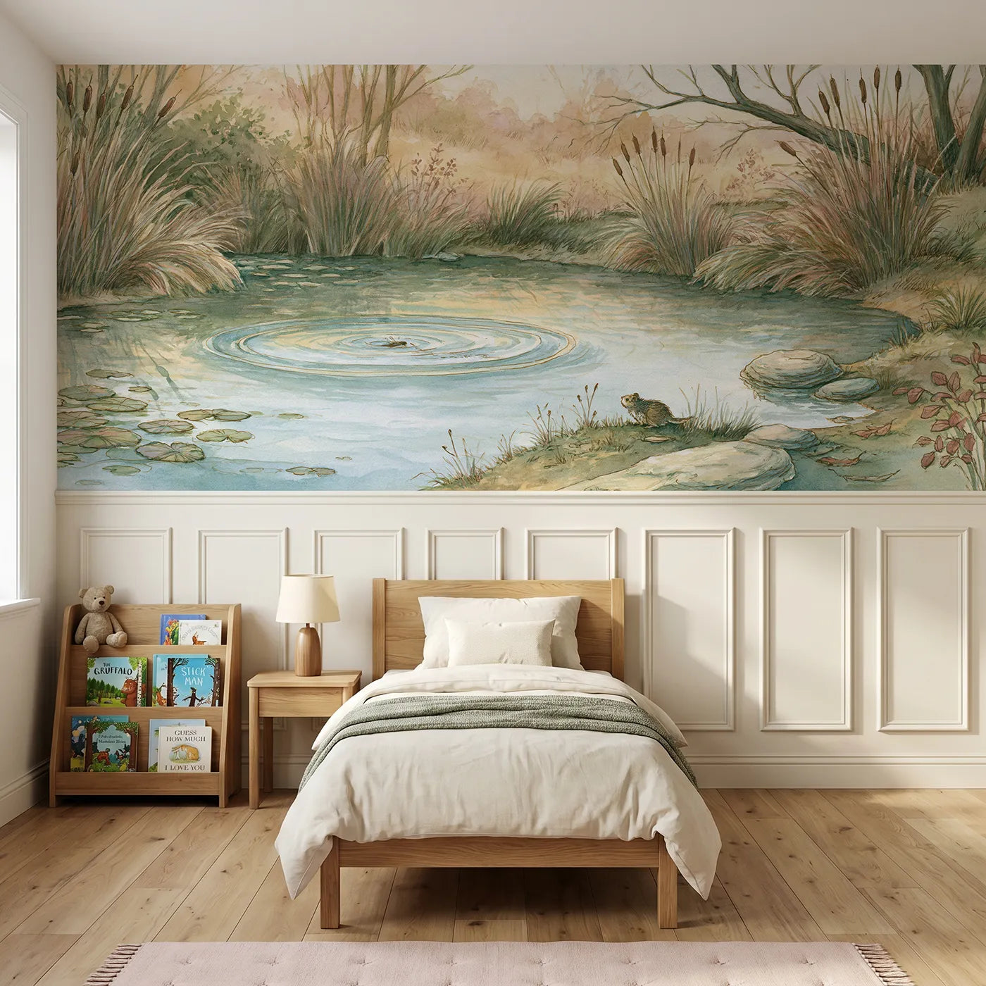 Storybook wainscoting wallpaper of one ripple on the pool by Whimsy Tots