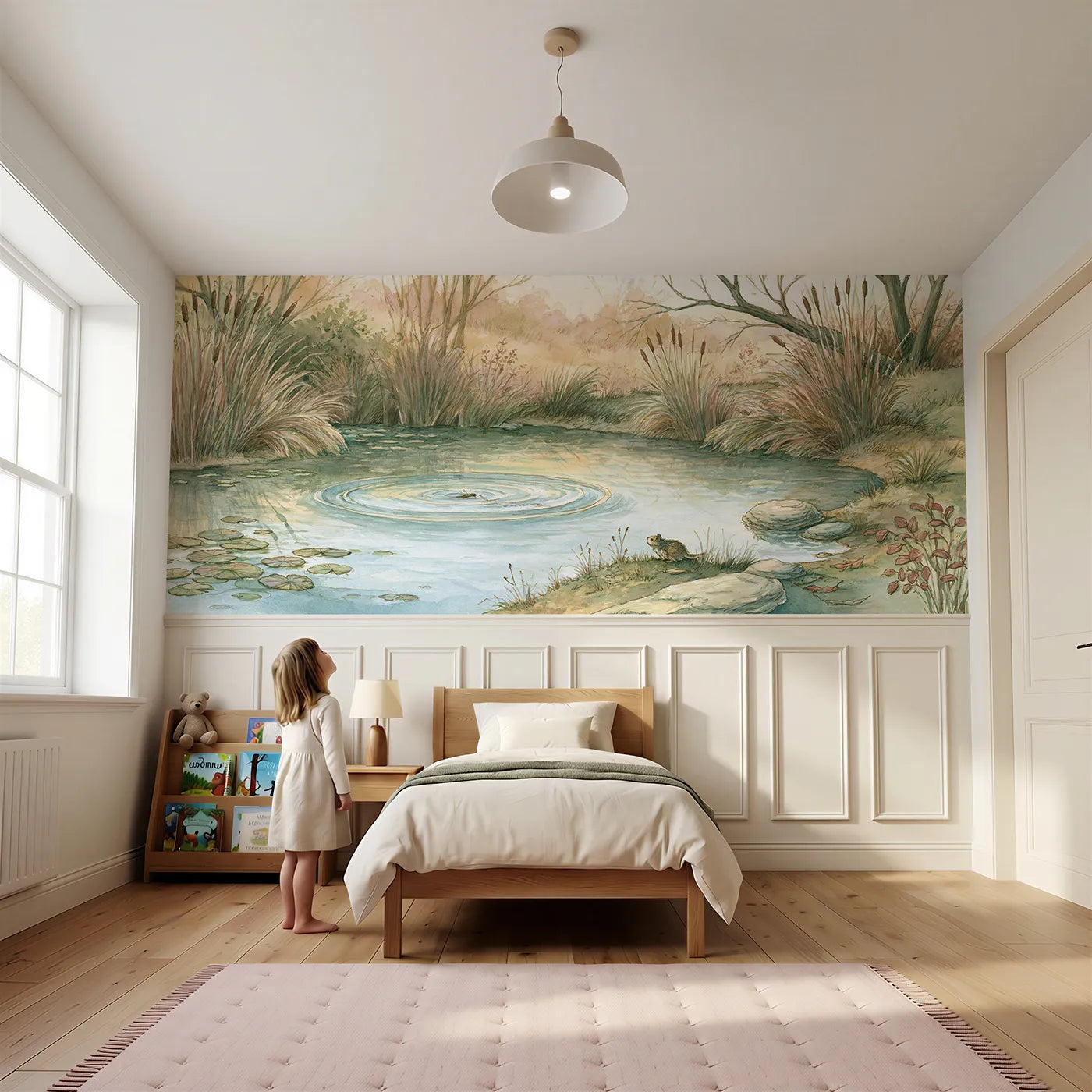 Child reading near One Ripple On The Pool Wainscoting Wallpaper by Whimsy Tots