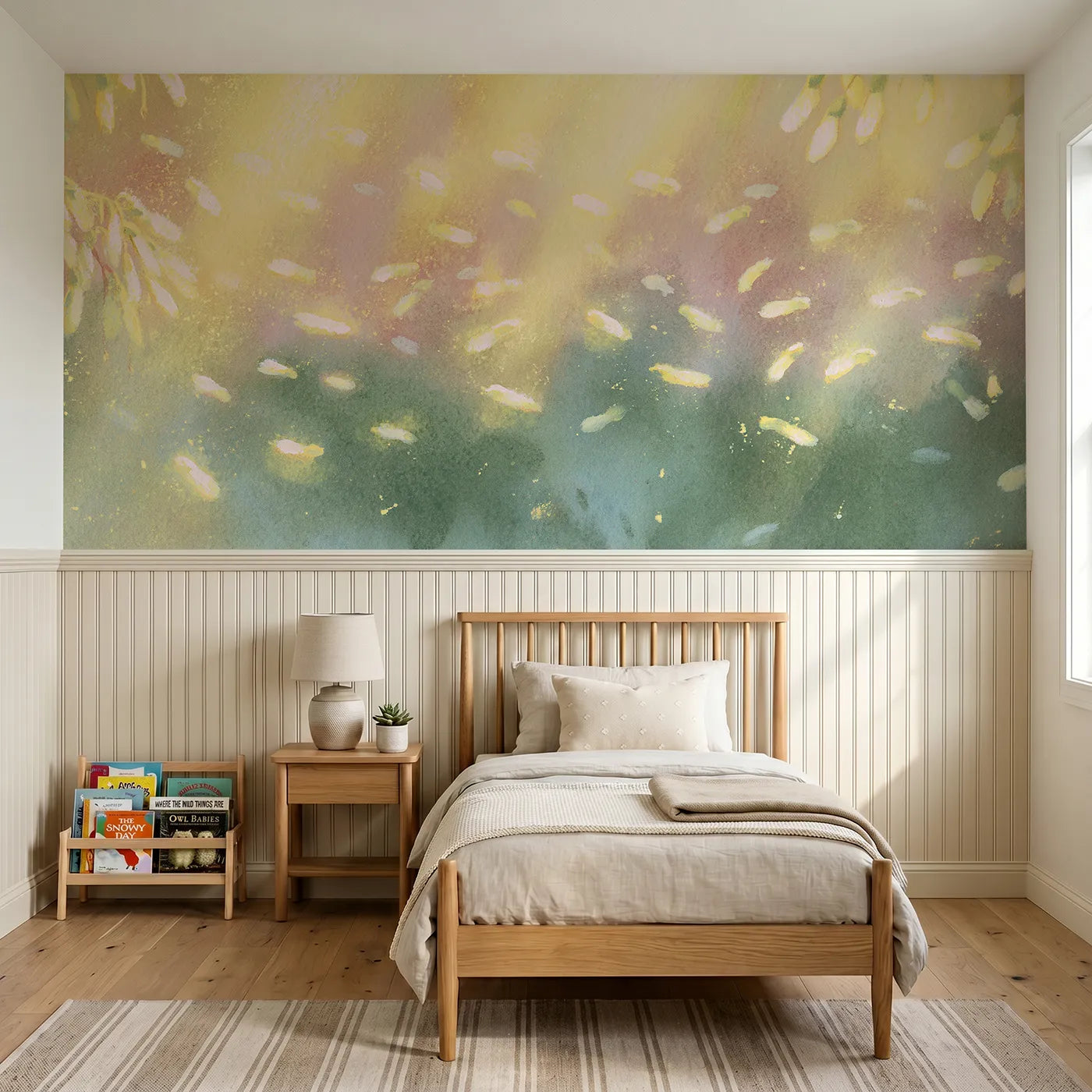 Soft pastel wainscoting wallpaper of sycamore keys spinning down by Whimsy Tots