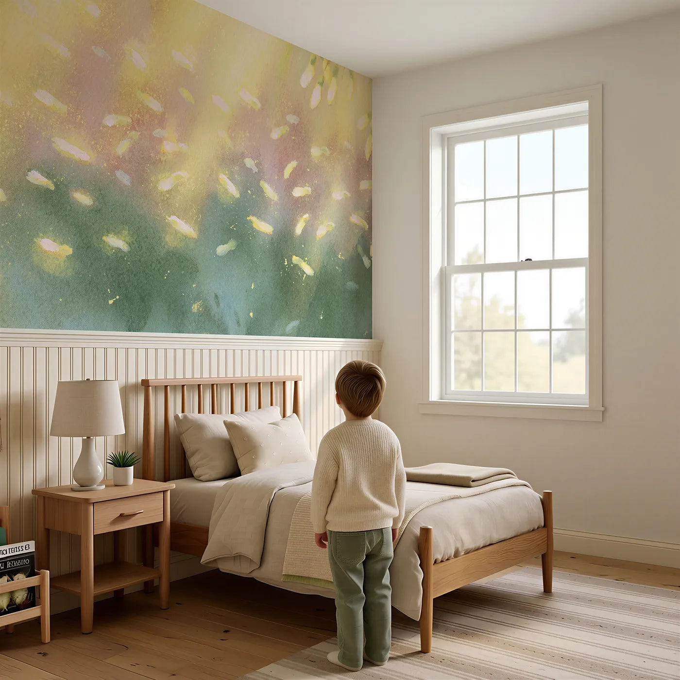 Child reading near Sycamore Keys Spinning Down Wainscoting Wallpaper by Whimsy Tots