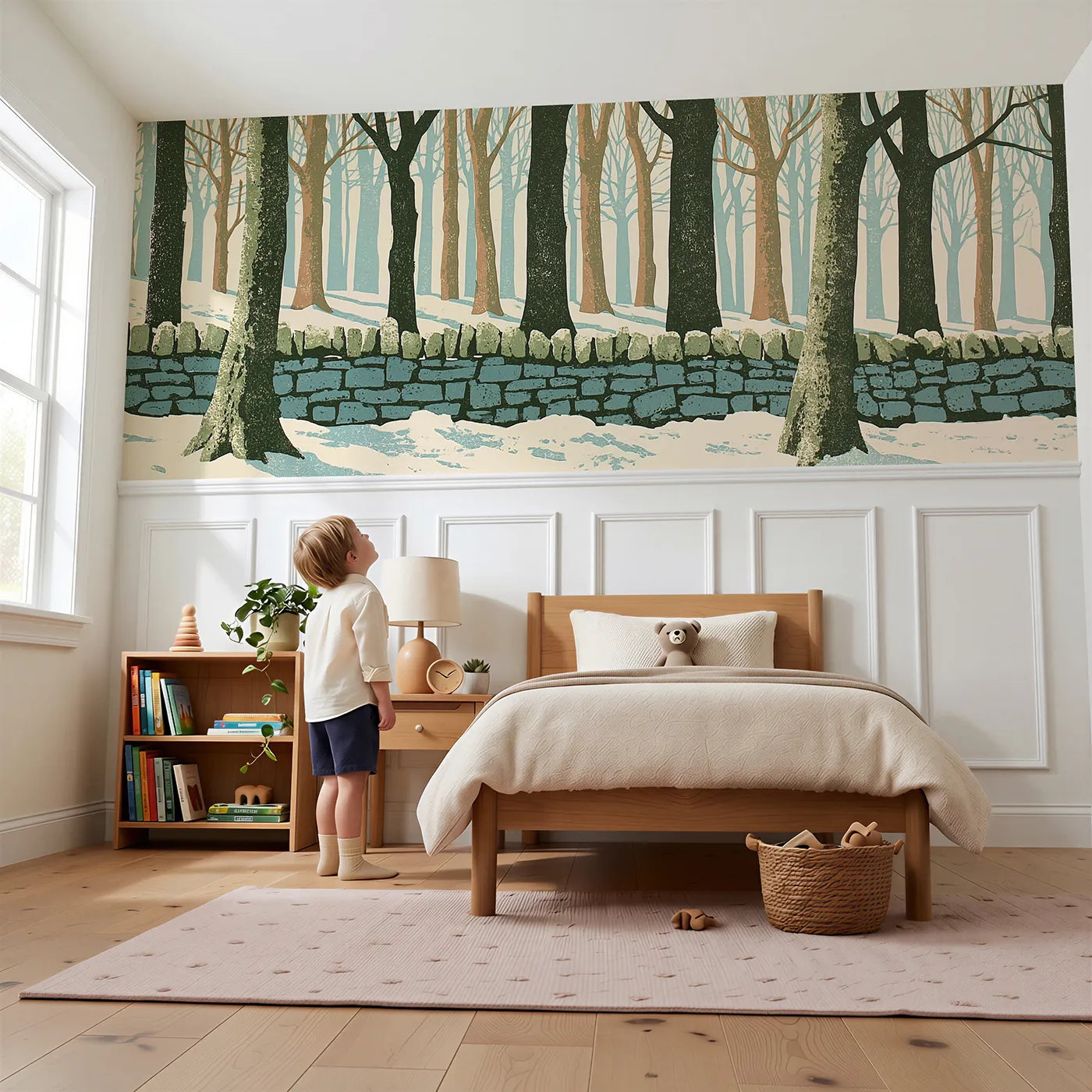 Child reading near The Old Stone Wall Wainscoting Wallpaper by Whimsy Tots