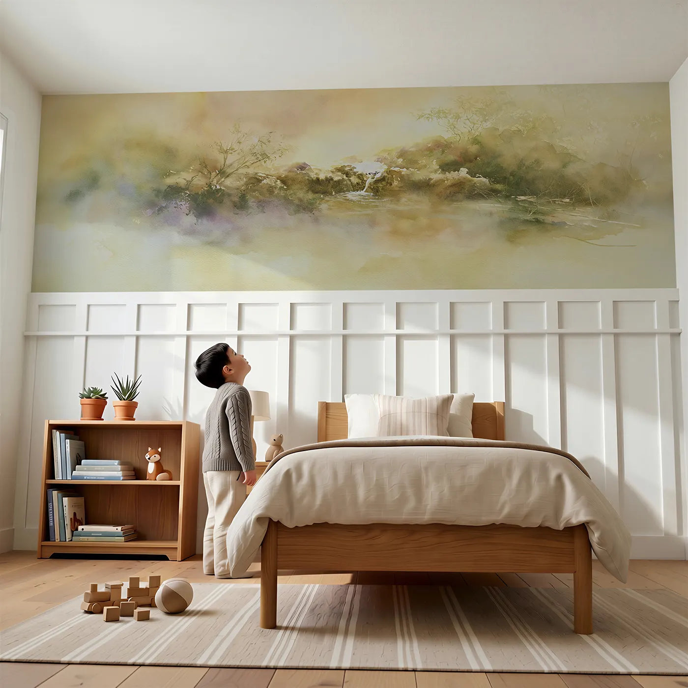 Child reading near Where The Spring Rises Wainscoting Wallpaper by Whimsy Tots