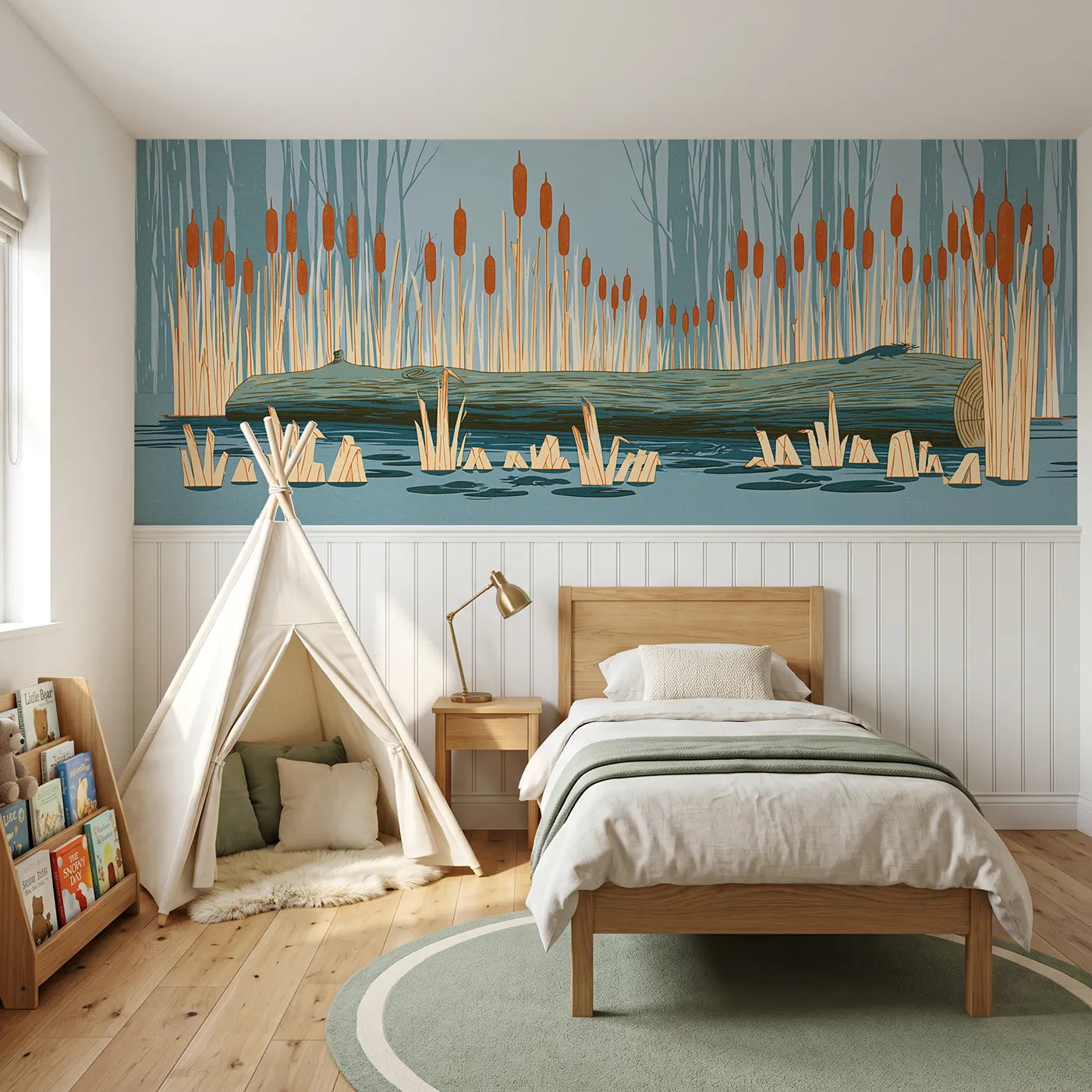Block print wainscoting wallpaper of the log bridge over the brook by Whimsy Tots