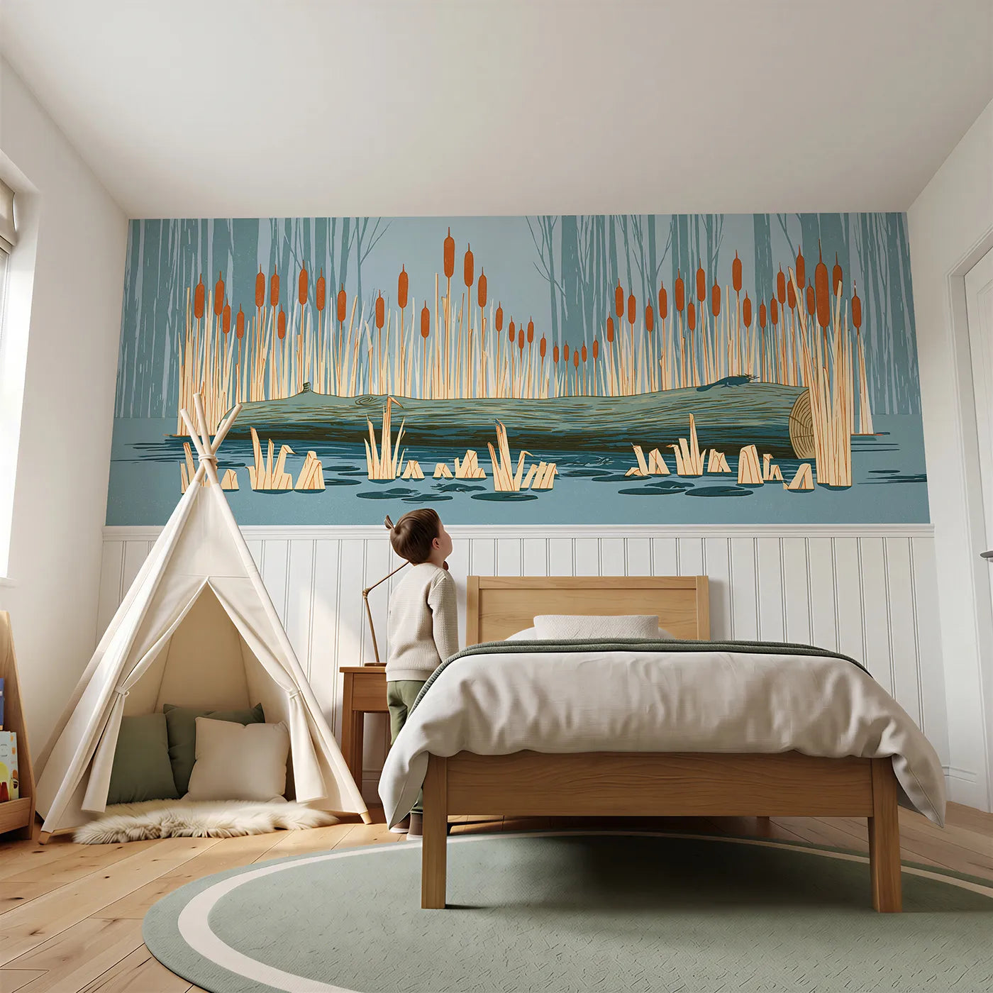Child reading near Log Bridge Over The Brook Wainscoting Wallpaper by Whimsy Tots