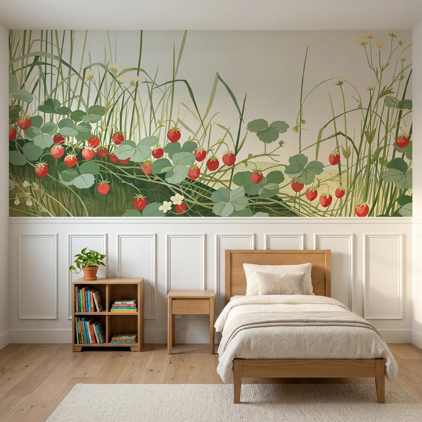Modern illustration wainscoting wallpaper of wild strawberries on the bank by Whimsy Tots