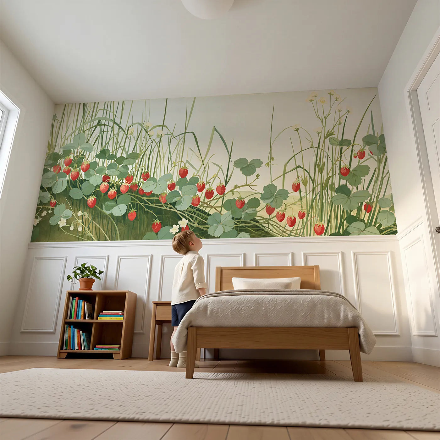 Child reading near Wild Strawberries On The Bank Wainscoting Wallpaper by Whimsy Tots