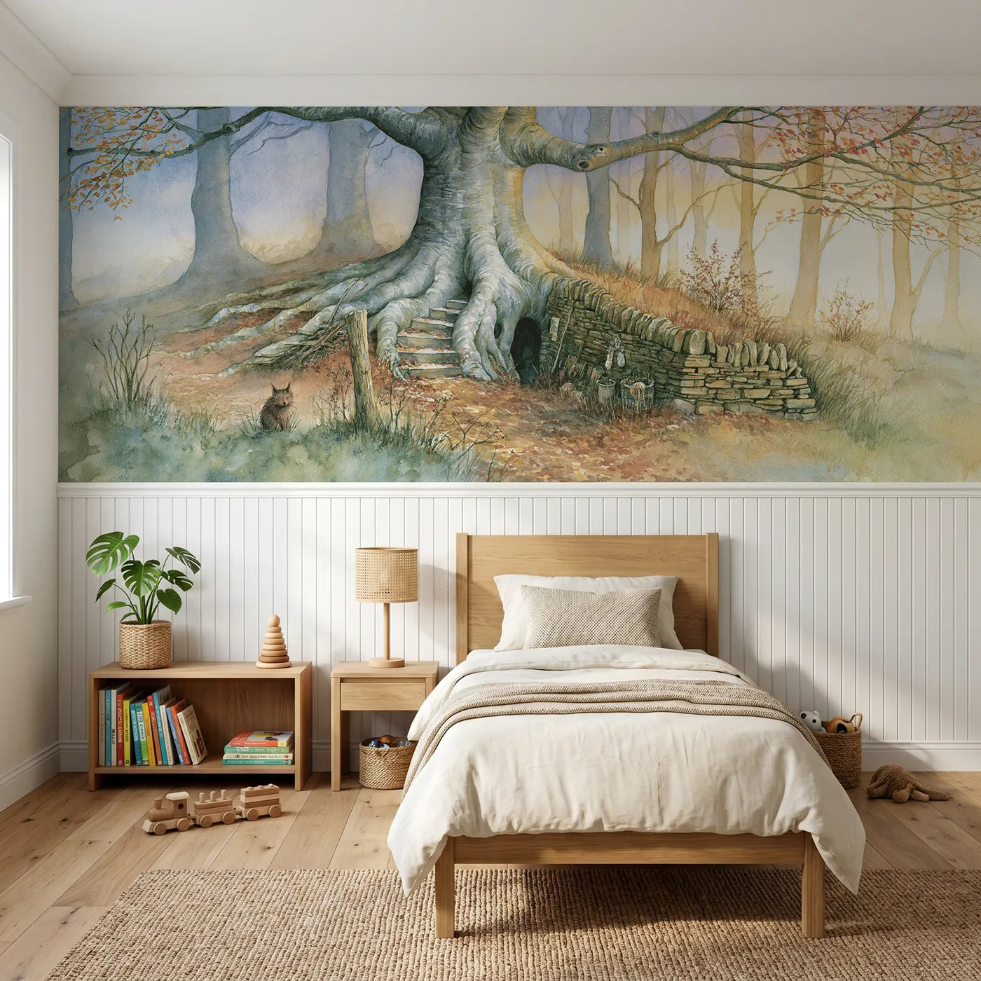 Storybook wainscoting wallpaper of the roots of the great beech by Whimsy Tots