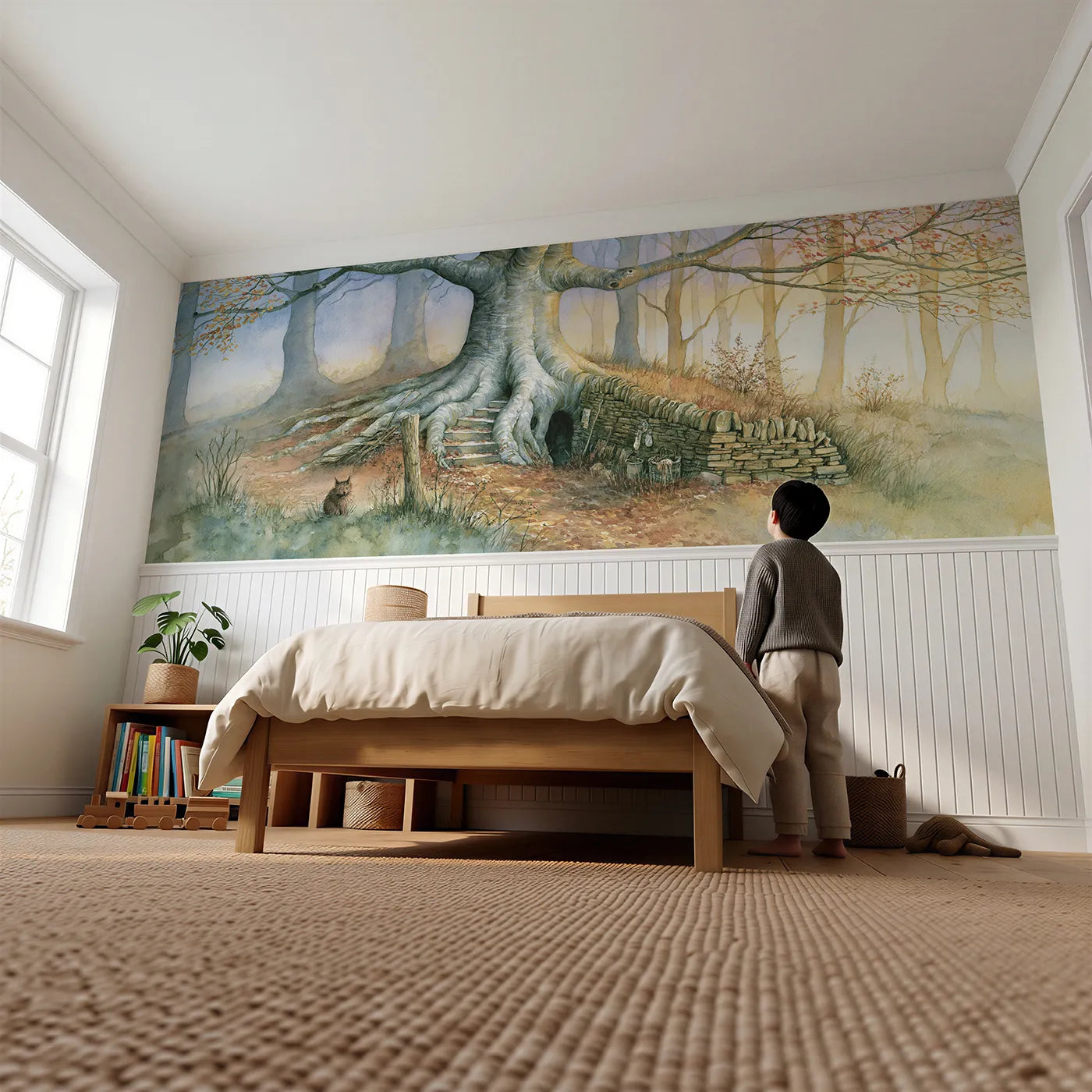 Child reading near Roots Of The Great Beech Wainscoting Wallpaper by Whimsy Tots