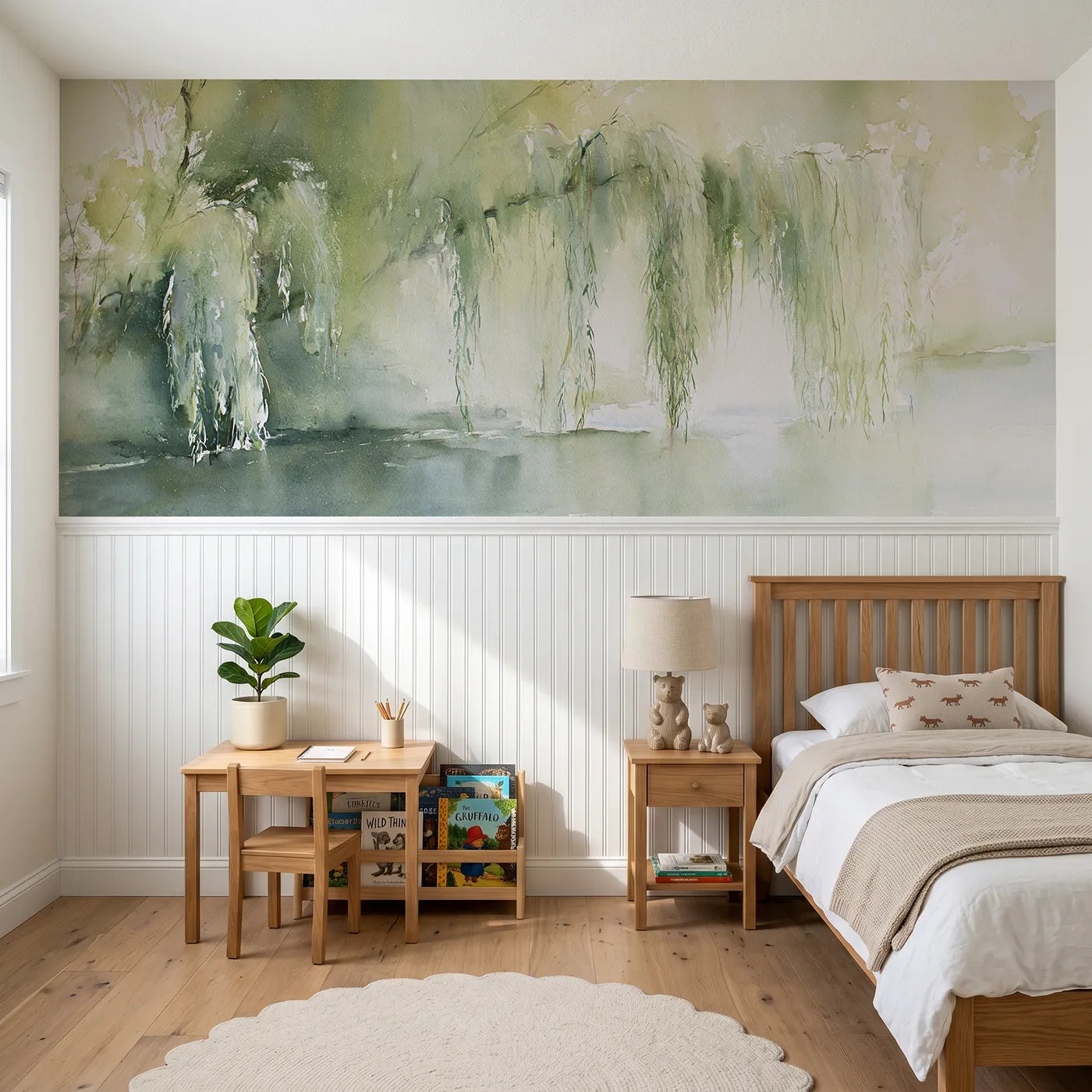 Watercolor wainscoting wallpaper of the willow trailing the stream by Whimsy Tots