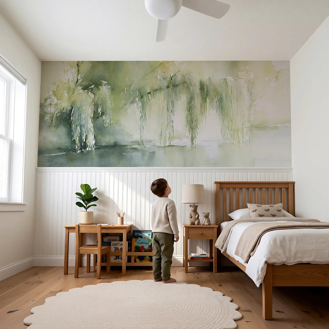 Child reading near Willow Trailing The Stream Wainscoting Wallpaper by Whimsy Tots