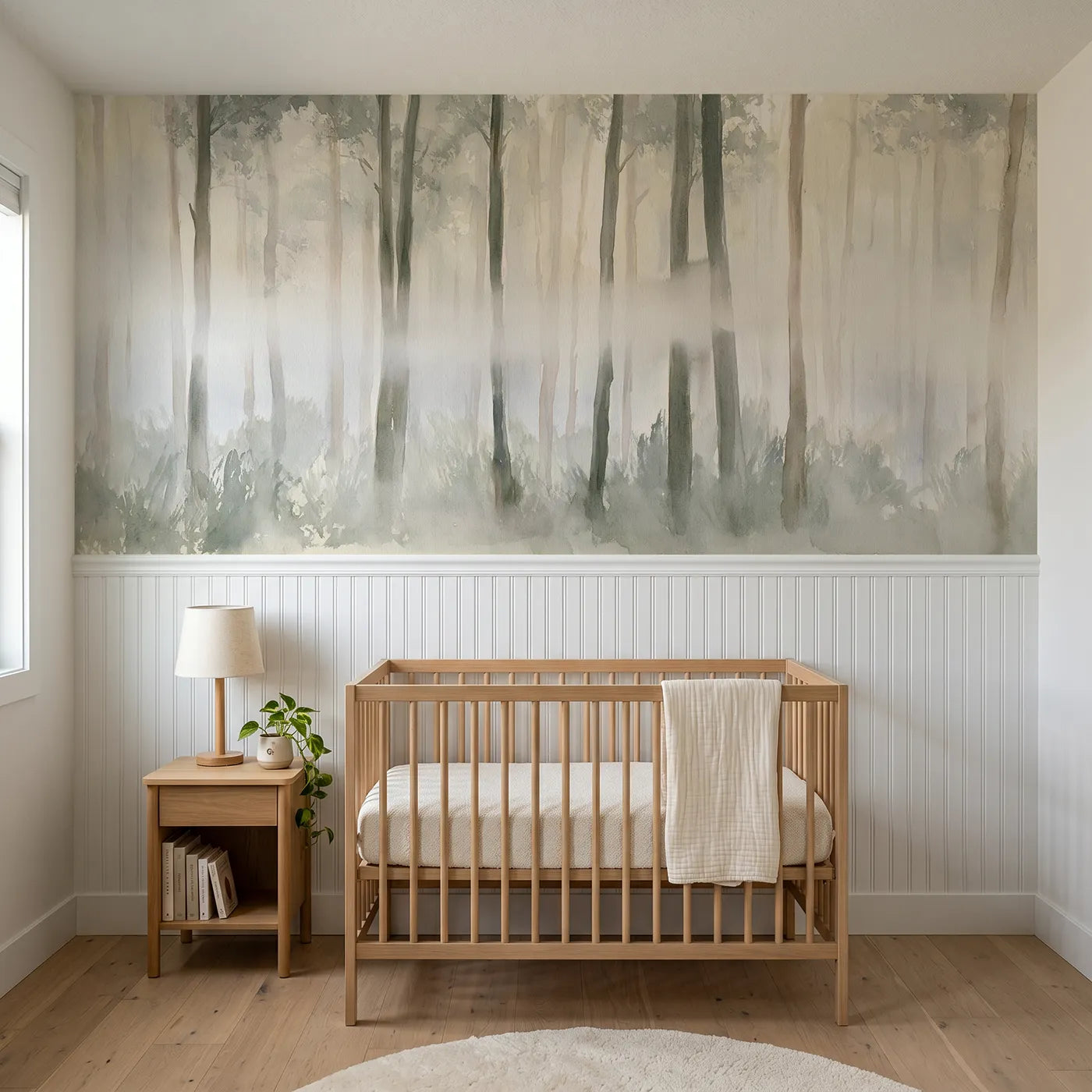 Watercolor wainscoting mural of mist between the trunks by Whimsy Tots