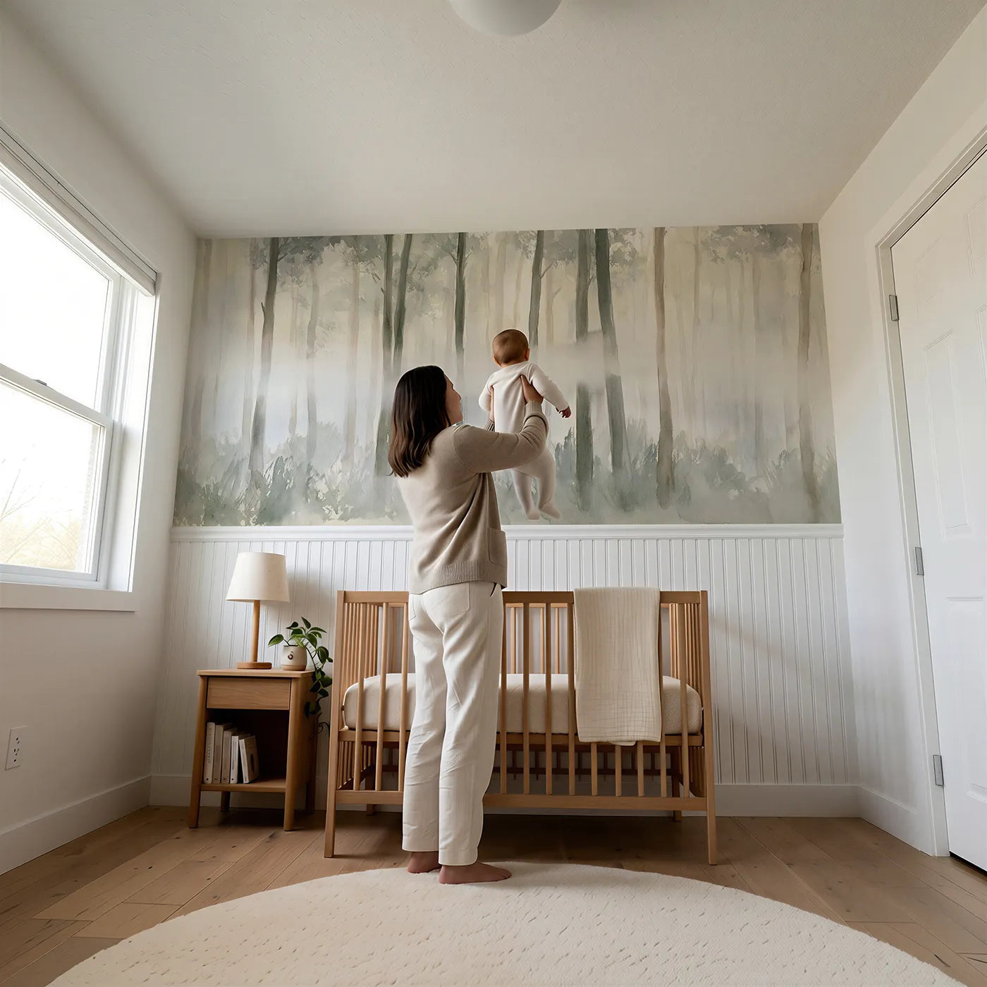 Child reading near Mist Between The Trunks Wainscoting Wallpaper by Whimsy Tots