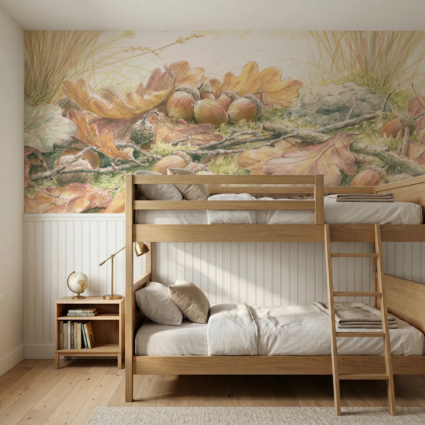 Colored pencil wainscoting wallpaper of a scatter of acorns by Whimsy Tots