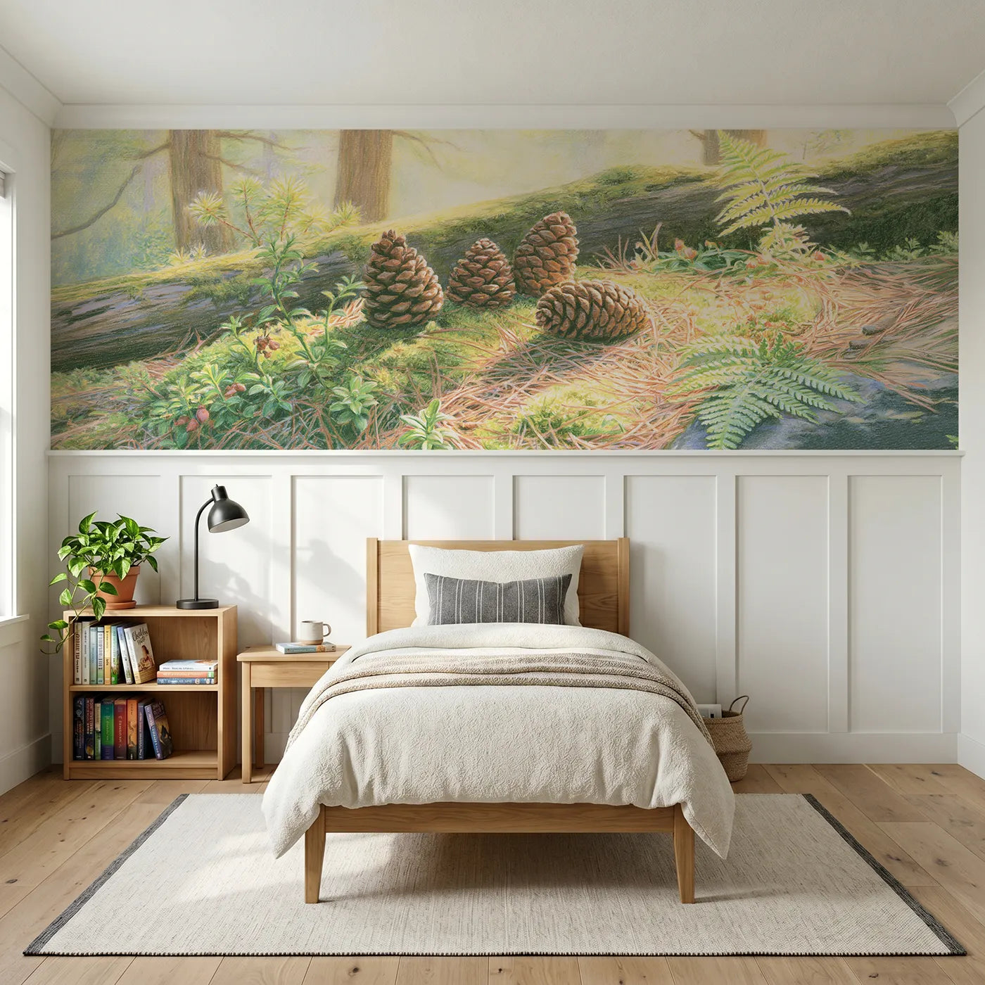 Colored pencil wainscoting wallpaper of pinecones on the mossy log by Whimsy Tots
