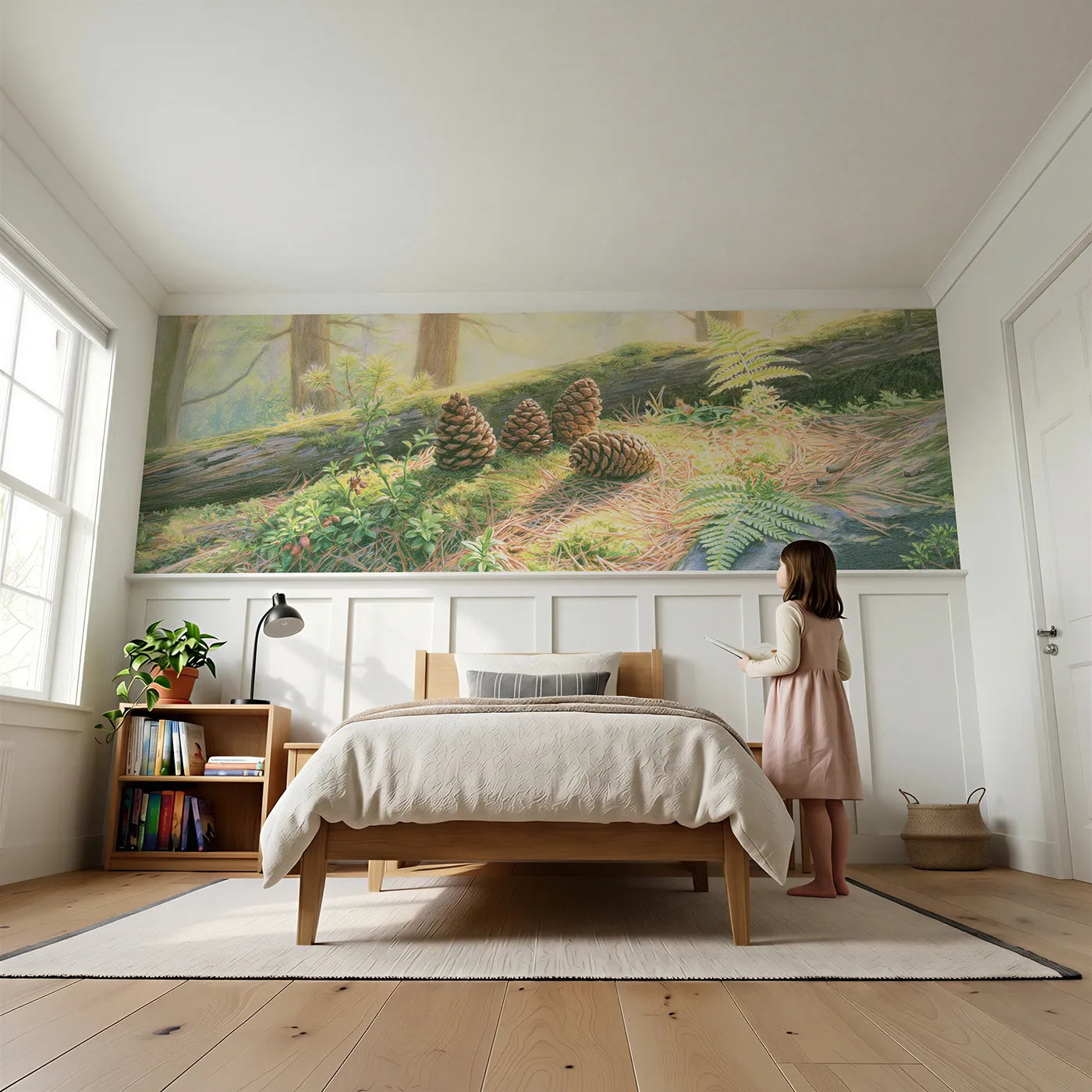 Child reading near Pinecones On The Mossy Log Wainscoting Wallpaper by Whimsy Tots