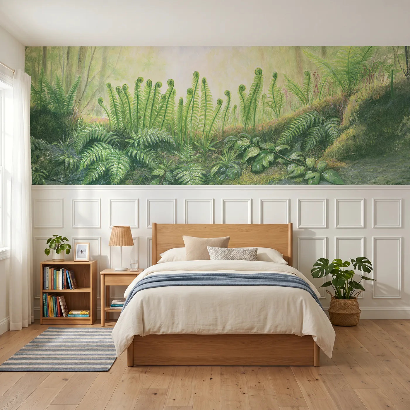 Colored pencil wainscoting wallpaper of unfurling ferns by Whimsy Tots