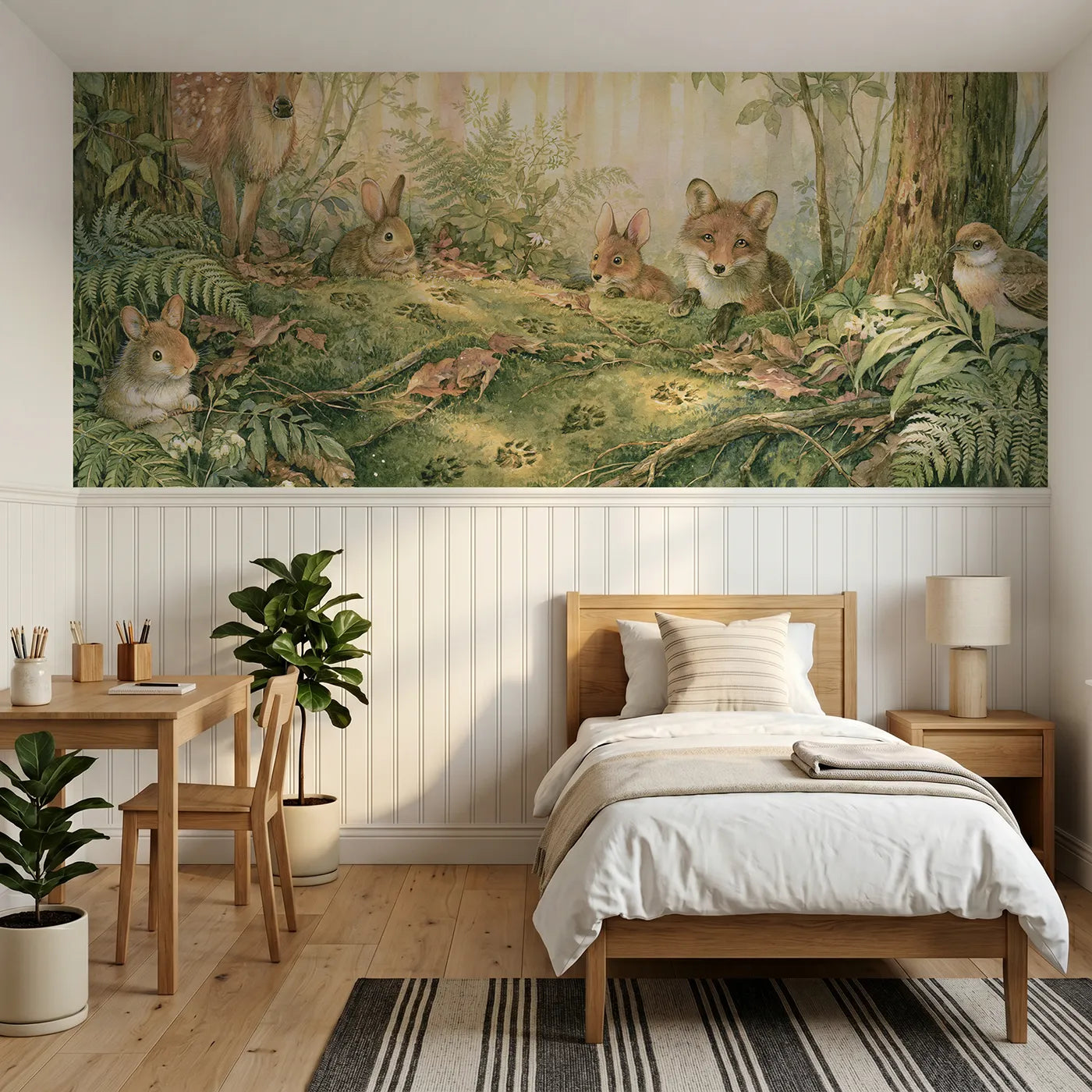Storybook wainscoting wallpaper of prints along the way by Whimsy Tots