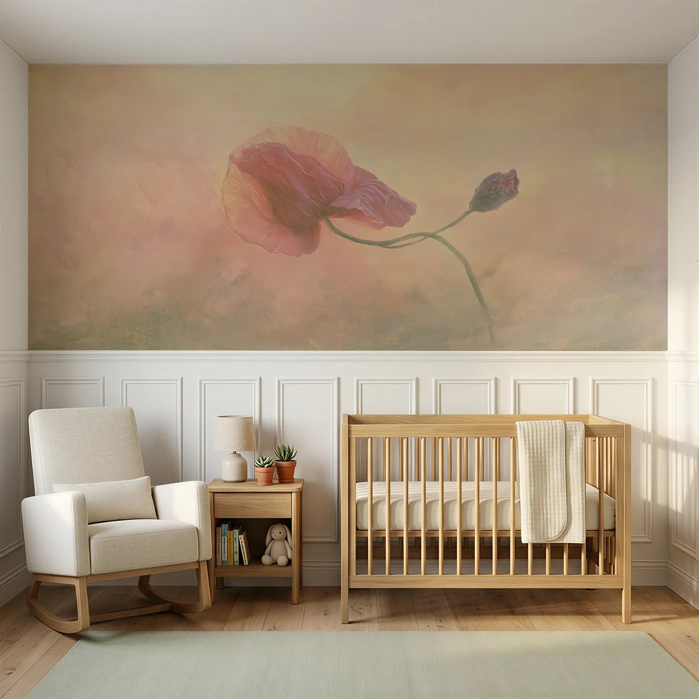 Watercolor wainscoting wallpaper of a poppy opening at dawn by Whimsy Tots