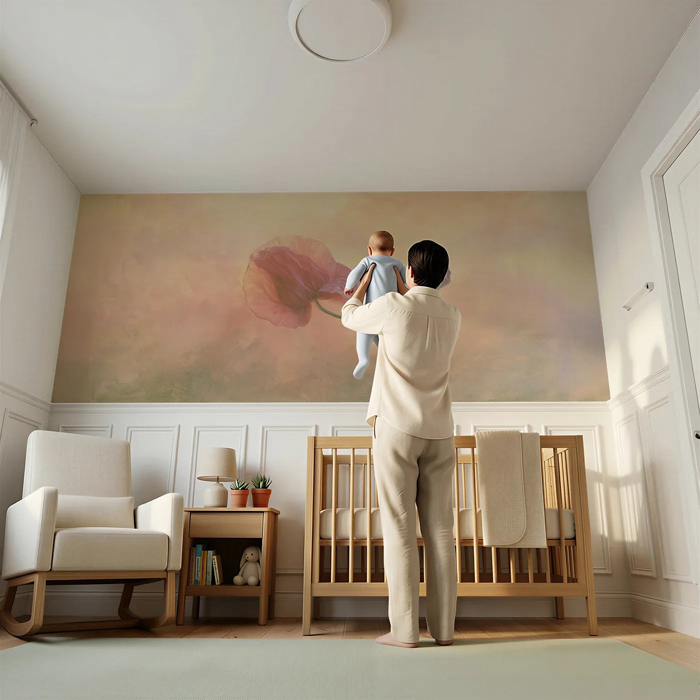 Child reading near A Poppy Opening At Dawn Wainscoting Wallpaper by Whimsy Tots