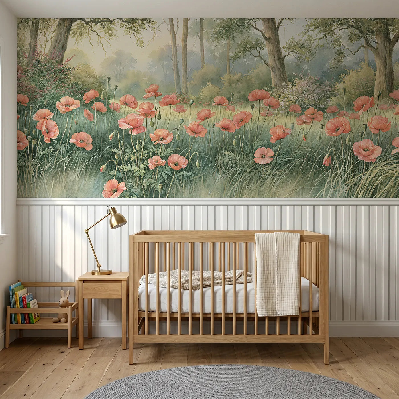 Storybook wainscoting wallpaper of poppies across the meadow by Whimsy Tots