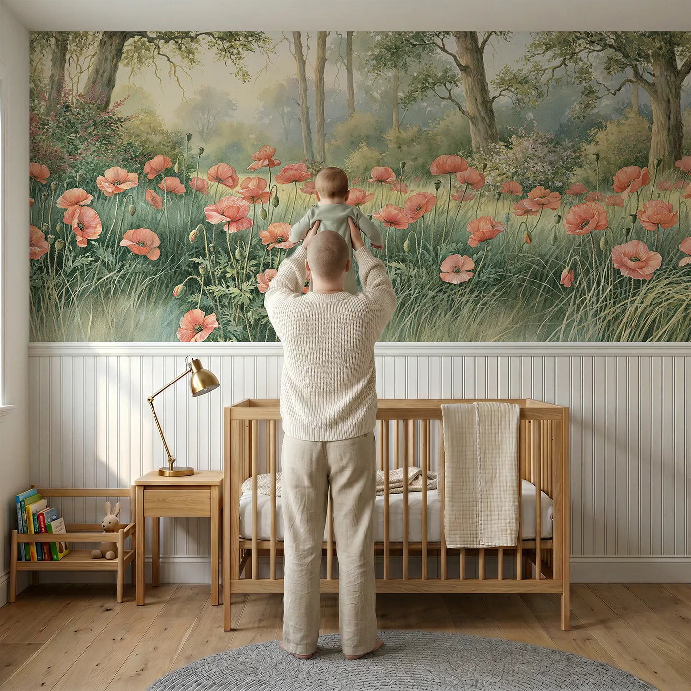 Child reading near Poppies Across The Meadow Wainscoting Wallpaper by Whimsy Tots