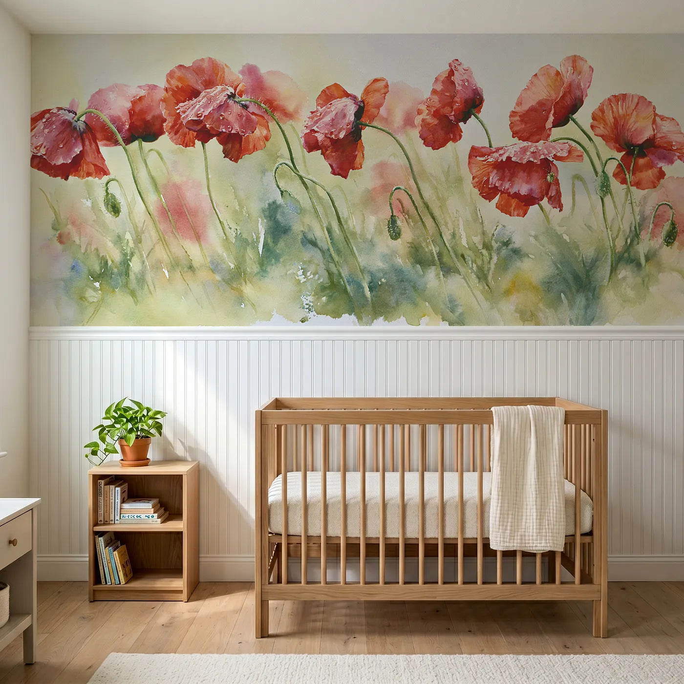 Watercolor wainscoting wallpaper of poppies bowed after rain by Whimsy Tots