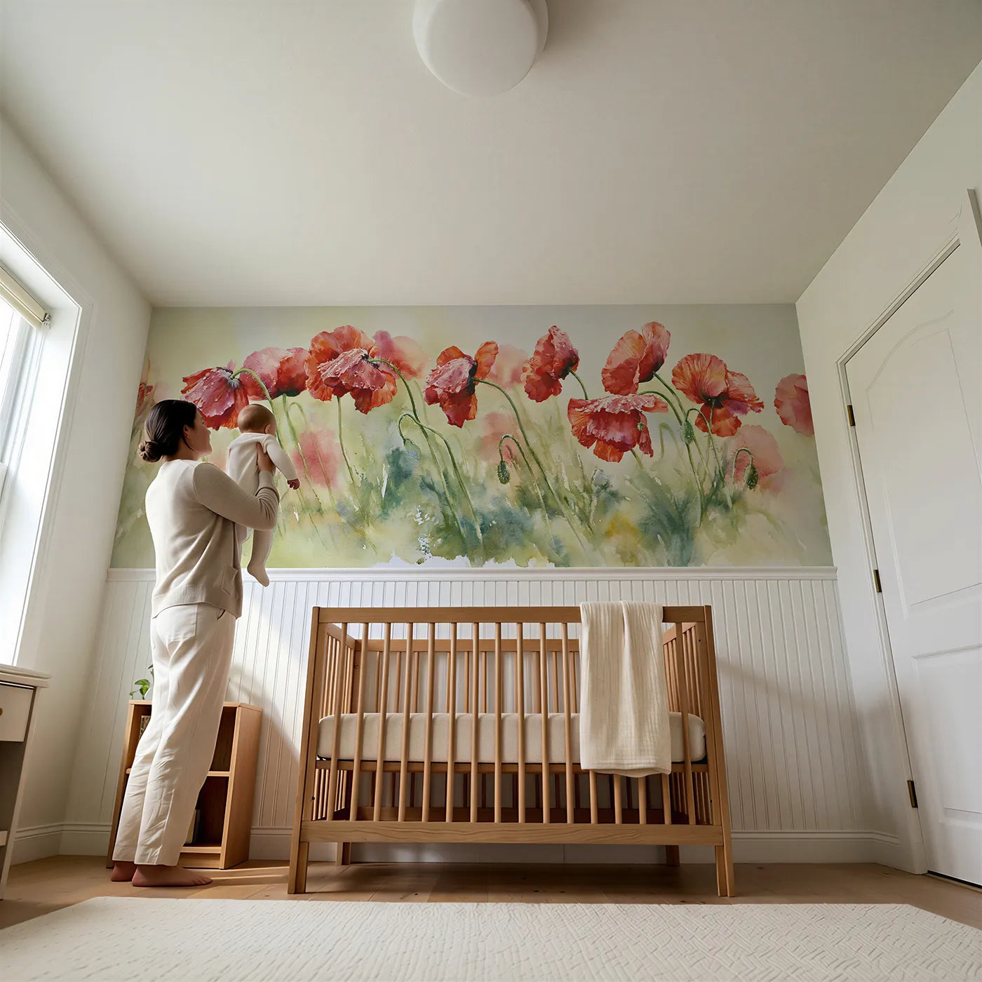 Child reading near Poppies Bowed After Rain Wainscoting Wallpaper by Whimsy Tots