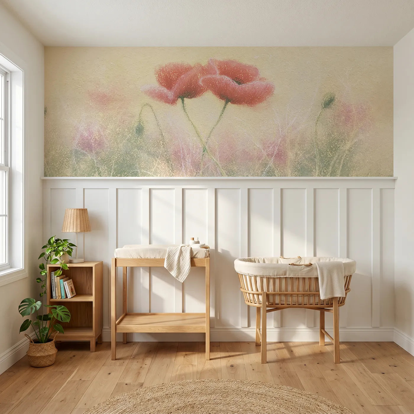Soft pastel wainscoting wallpaper of two poppies leaning by Whimsy Tots