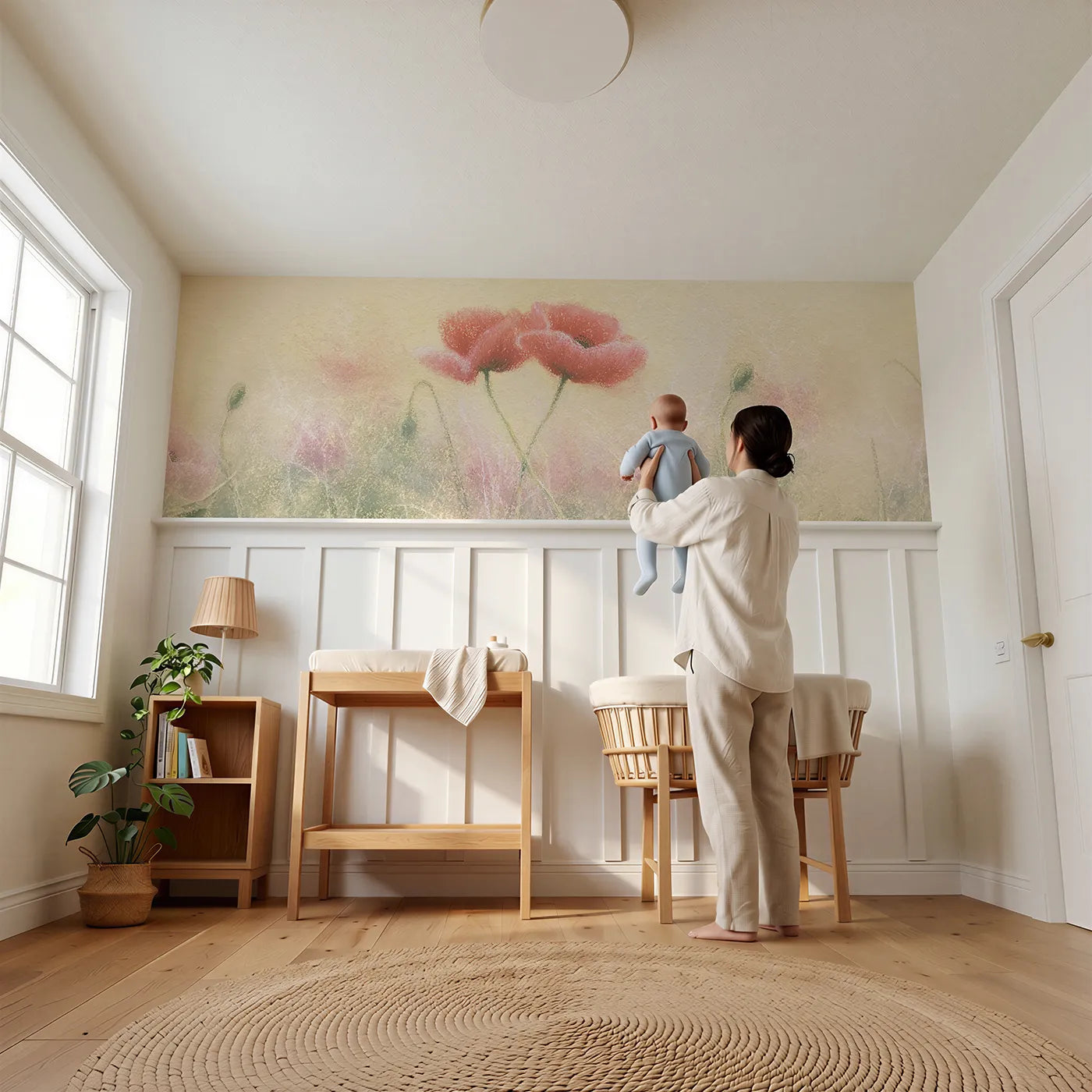 Child reading near Two Poppies Leaning Wainscoting Wallpaper by Whimsy Tots