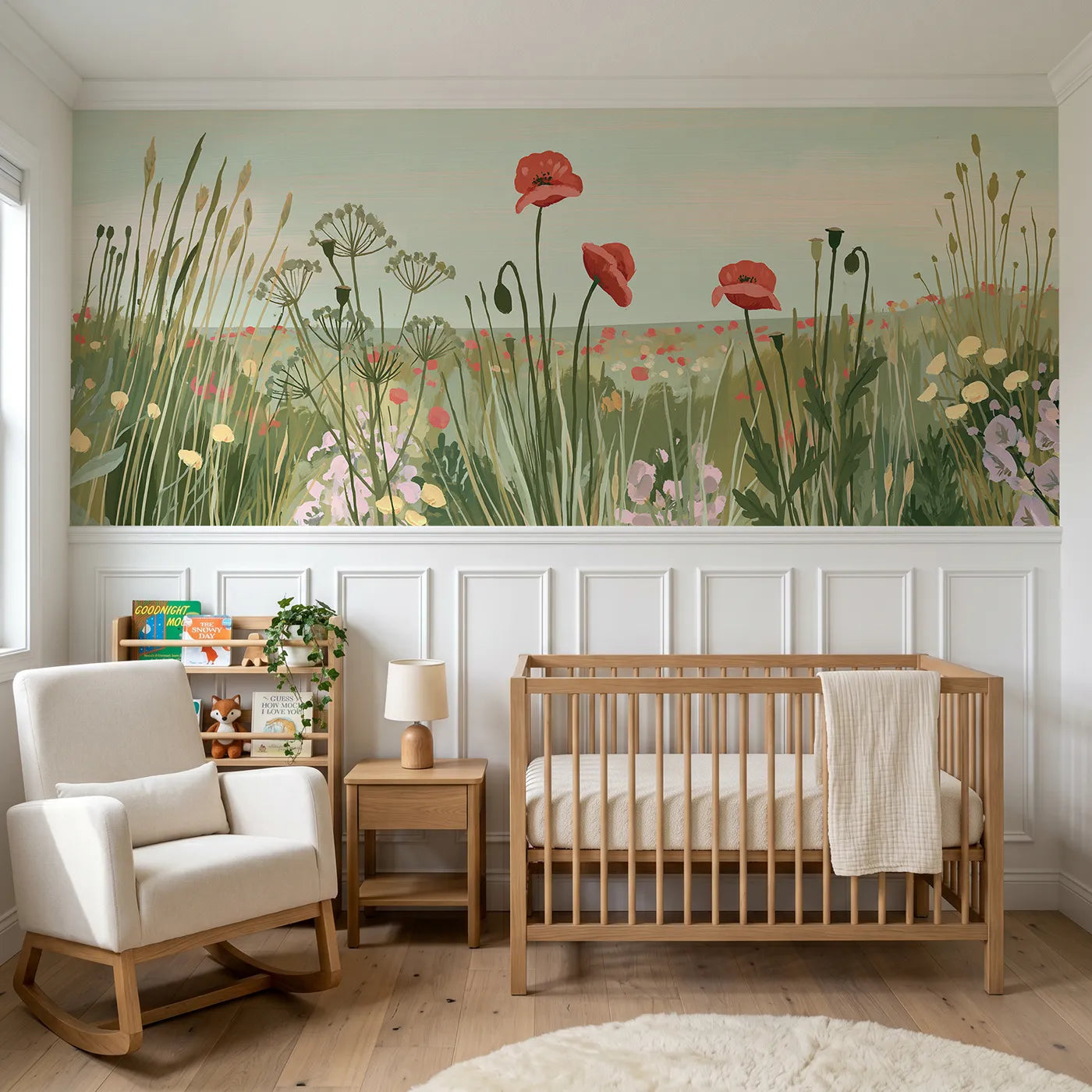 Modern illustration wainscoting wallpaper of three folk poppies by Whimsy Tots