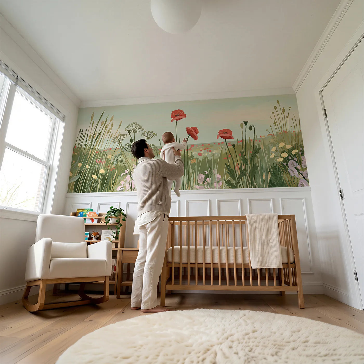 Child reading near Three Folk Poppies Wainscoting Wallpaper by Whimsy Tots
