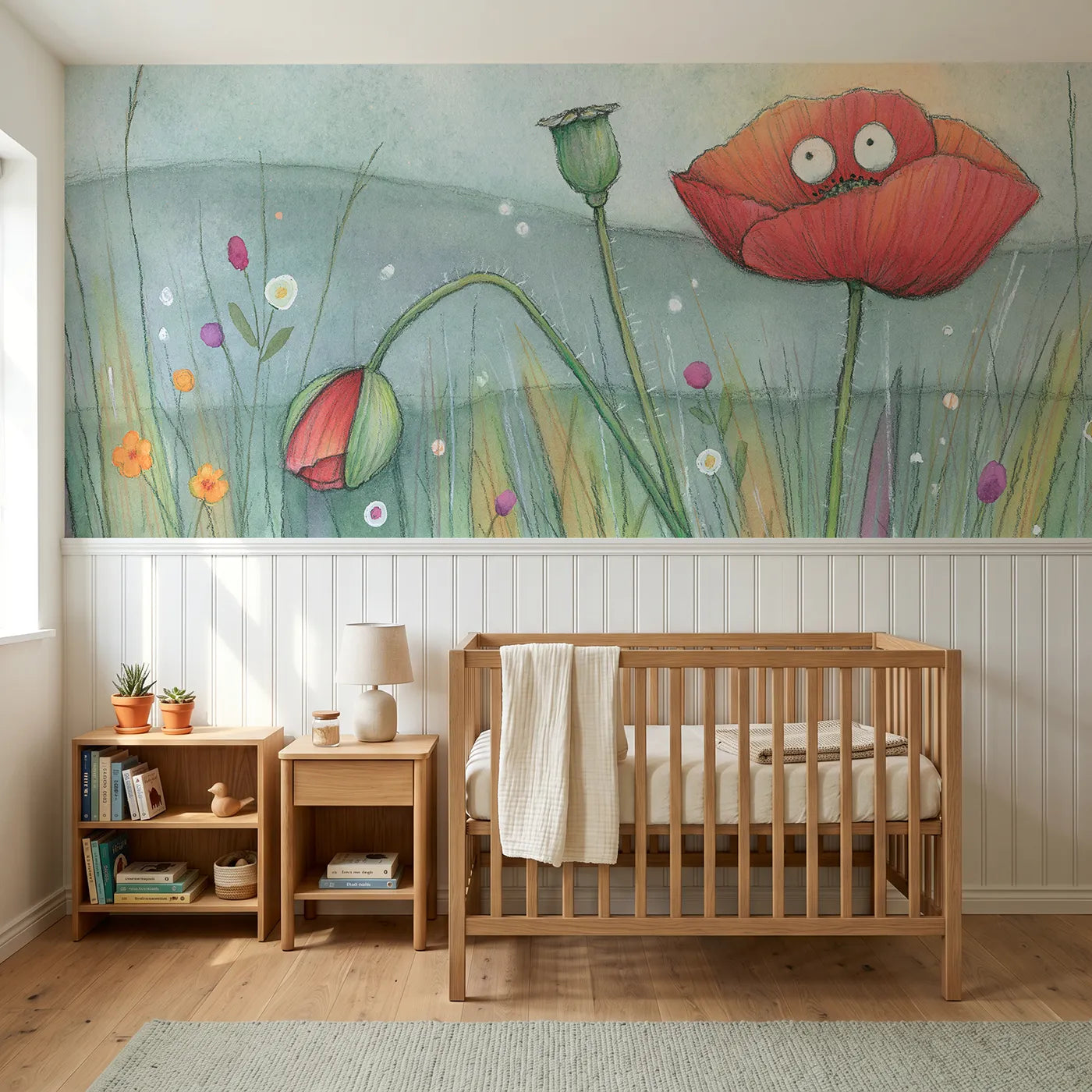 Colored pencil wainscoting wallpaper of a poppy and paper bud by Whimsy Tots