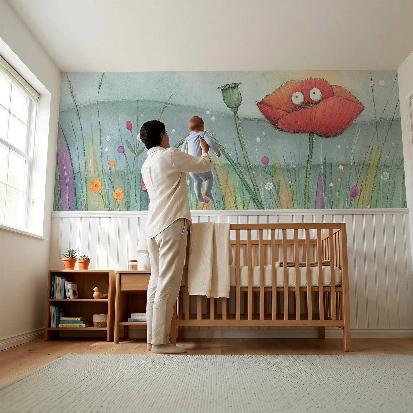 Child reading near Poppy And Paper Bud Wainscoting Wallpaper by Whimsy Tots
