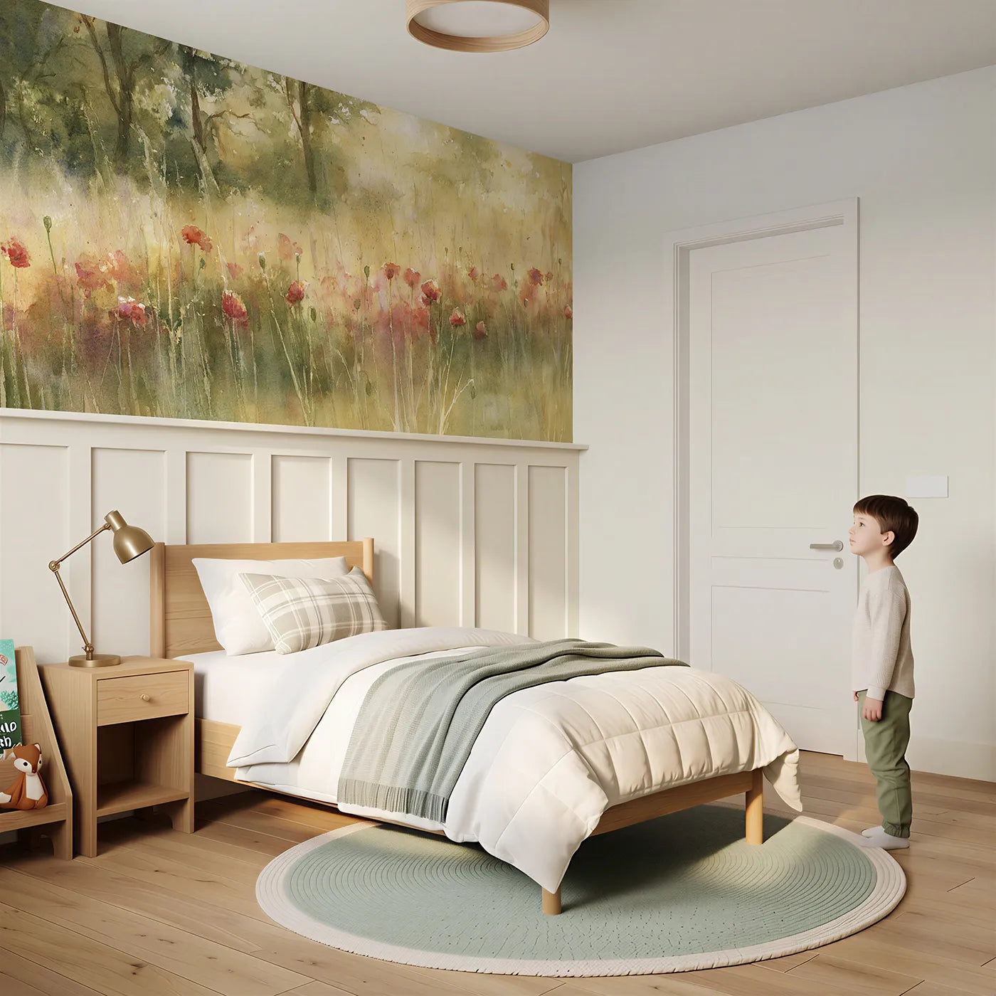Child reading near Where Red Meets Green Wainscoting Wallpaper by Whimsy Tots