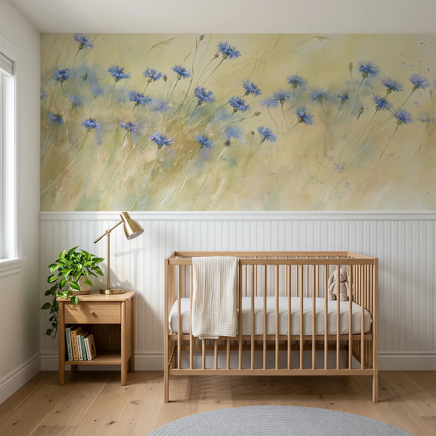 Watercolor wainscoting wallpaper of a cornflower blue drift by Whimsy Tots