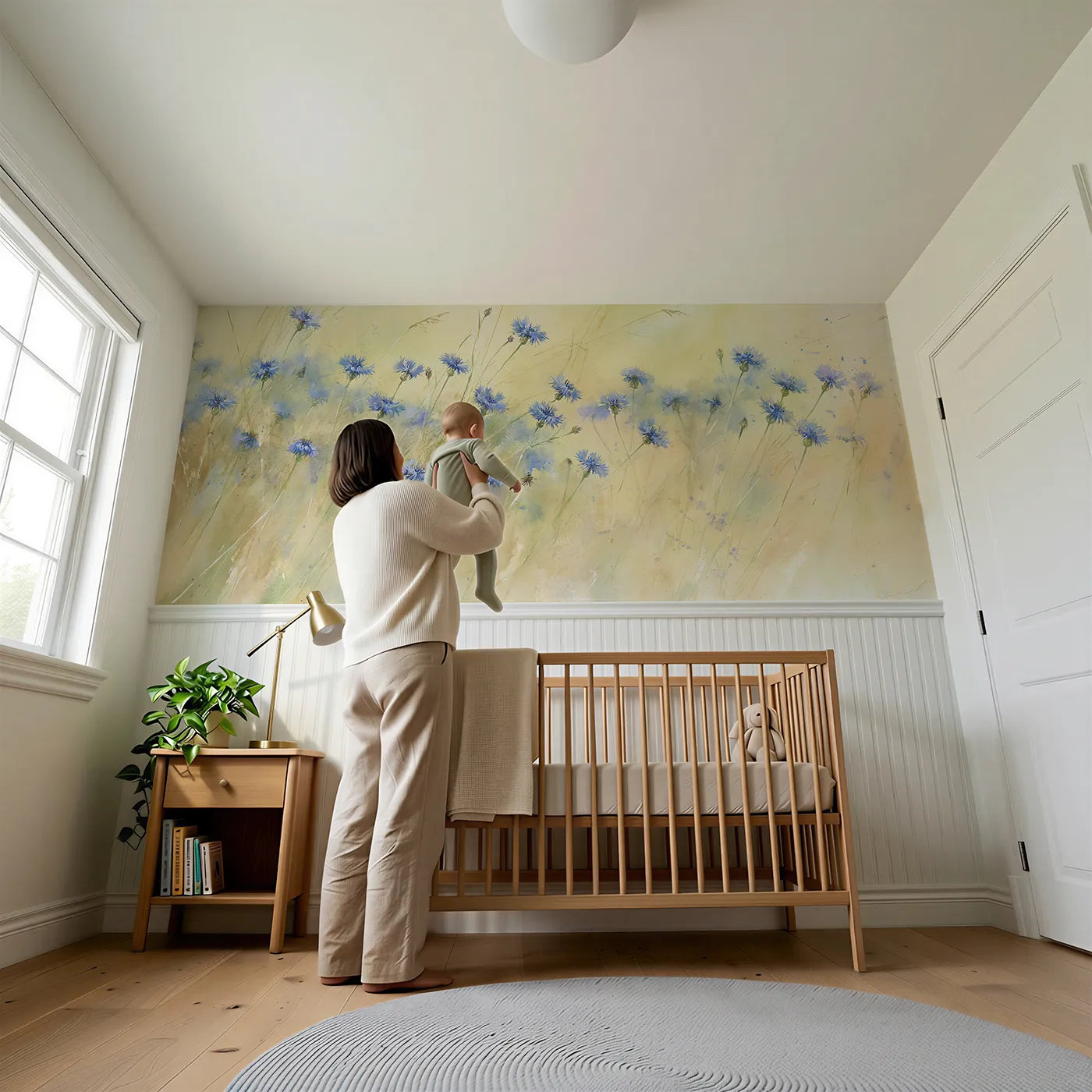 Child reading near Cornflower Blue Drift Wainscoting Wallpaper by Whimsy Tots