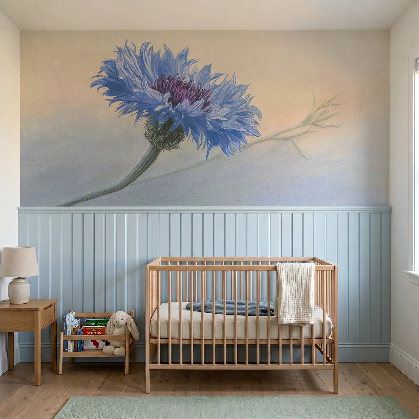 Colored pencil wainscoting wallpaper of one cornflower close by Whimsy Tots
