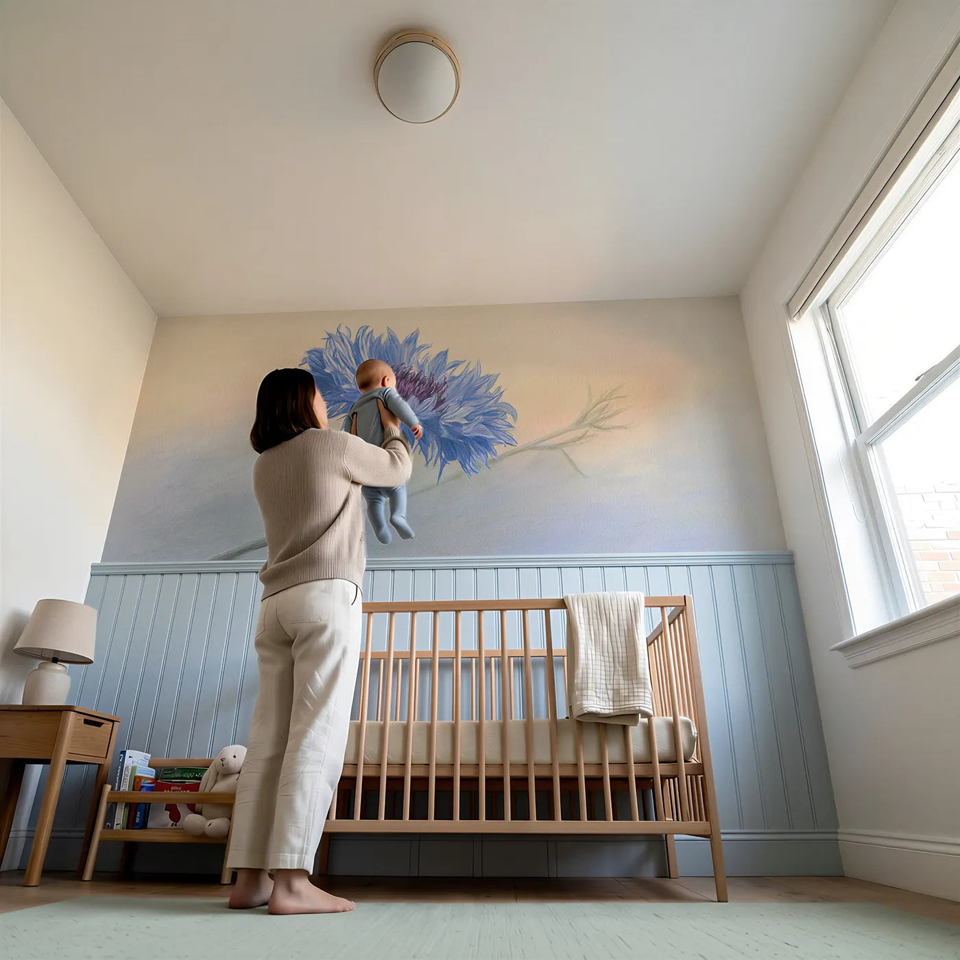 Child reading near One Cornflower Close Wainscoting Wallpaper by Whimsy Tots