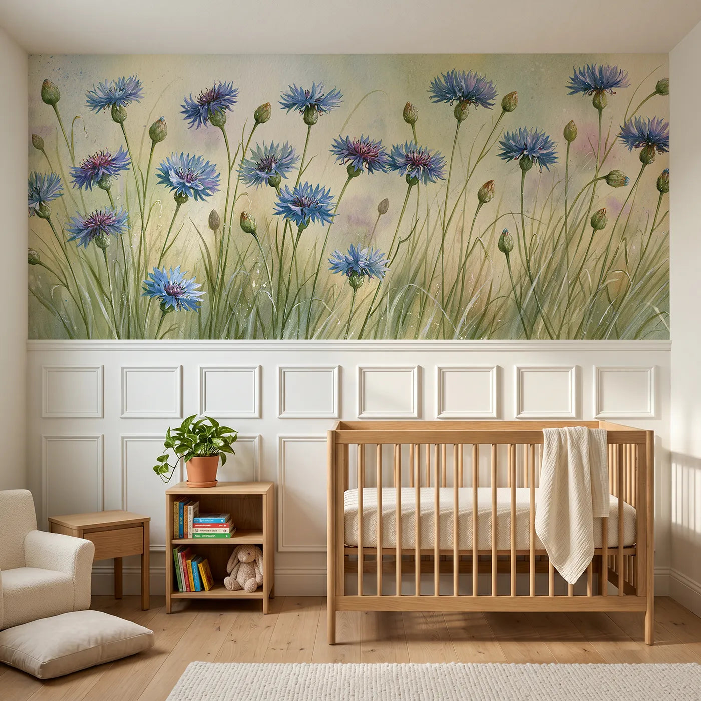 Storybook wainscoting wallpaper of cornflowers after rain by Whimsy Tots