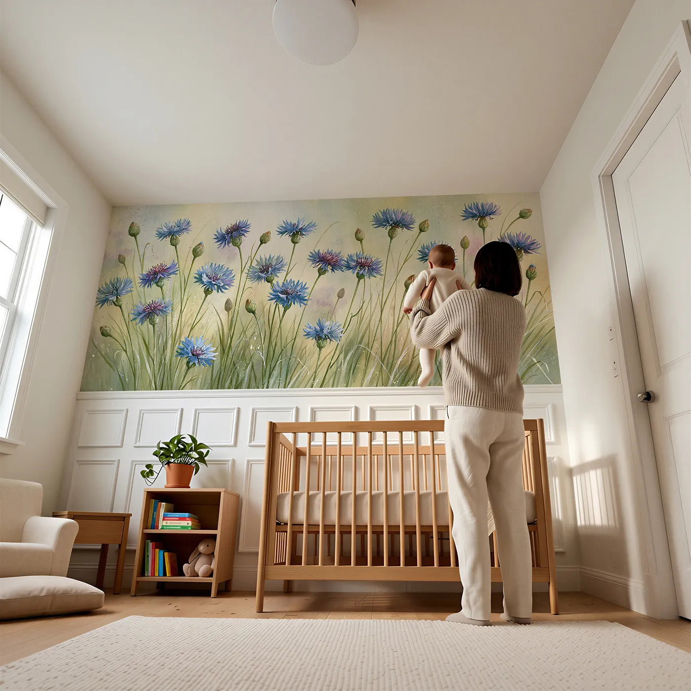 Child reading near Cornflowers After Rain Wainscoting Wallpaper by Whimsy Tots
