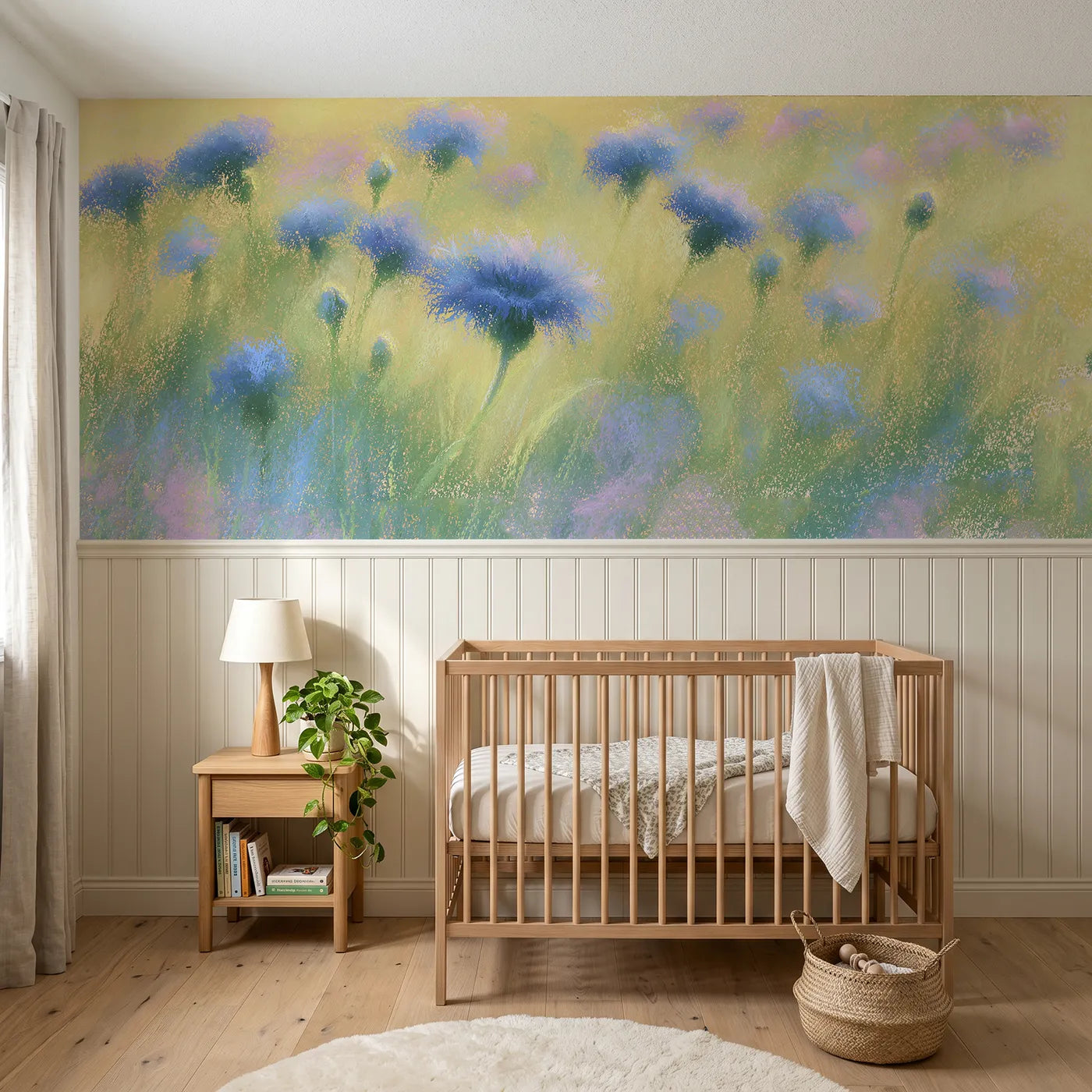 Soft pastel wainscoting wallpaper of blue in the gold evening by Whimsy Tots