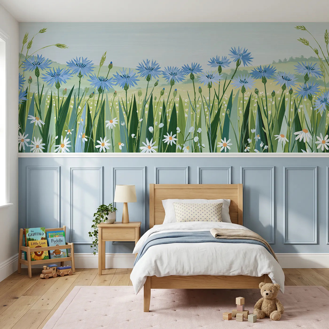 Modern illustration wainscoting wallpaper of folk cornflowers standing by Whimsy Tots