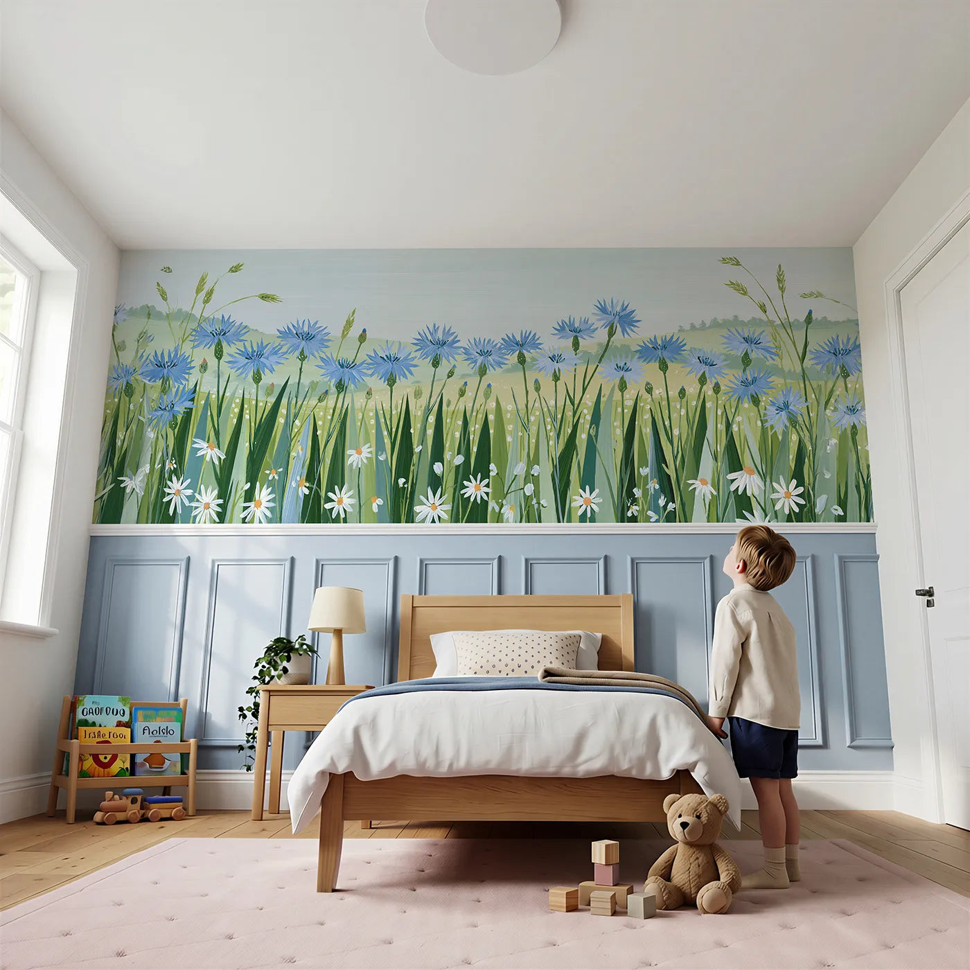Child reading near Folk Cornflowers Standing Wainscoting Wallpaper by Whimsy Tots