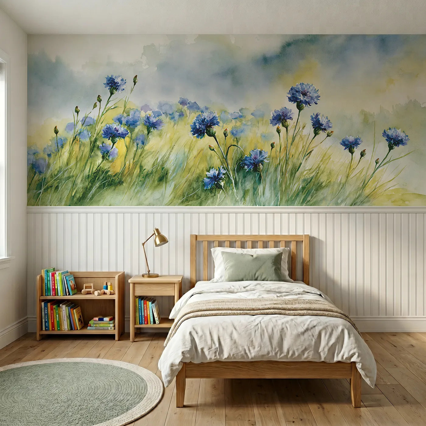 Watercolor wainscoting wallpaper of cornflowers in the mist by Whimsy Tots