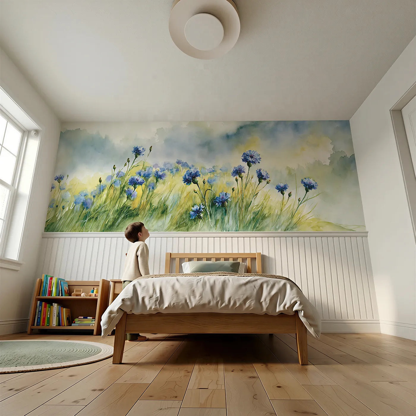 Child reading near Cornflowers In The Mist Wainscoting Wallpaper by Whimsy Tots